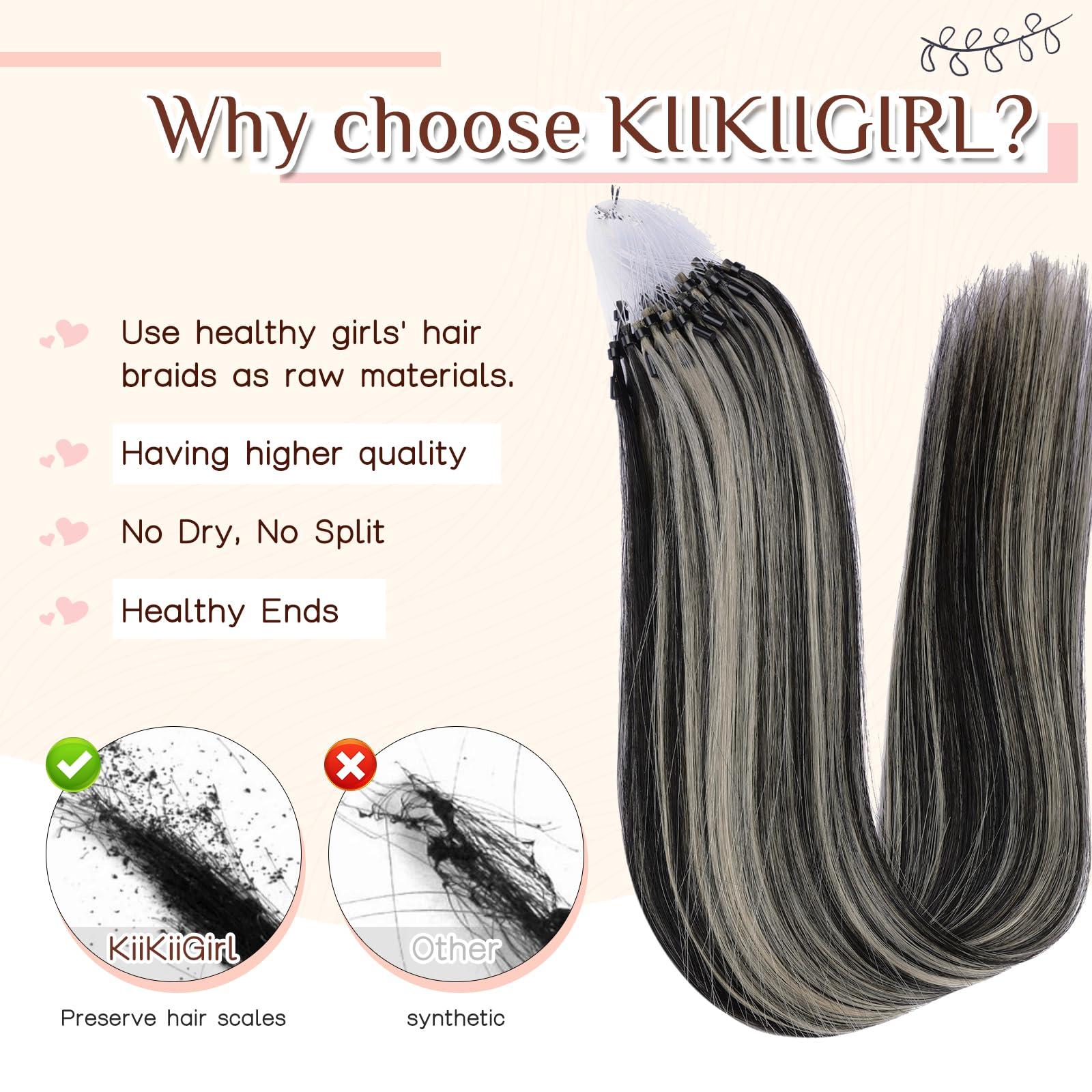KiiKiiGirl KiiKiiGirl Micro Link Virgin Remy Hair Extensions Human Hair 16inch Microlink Beads Hair Extensions Human Hair Micro Loop Hair Extensions Real Human Hair #1B/Silver Natural Black to Silver 50G/Pack