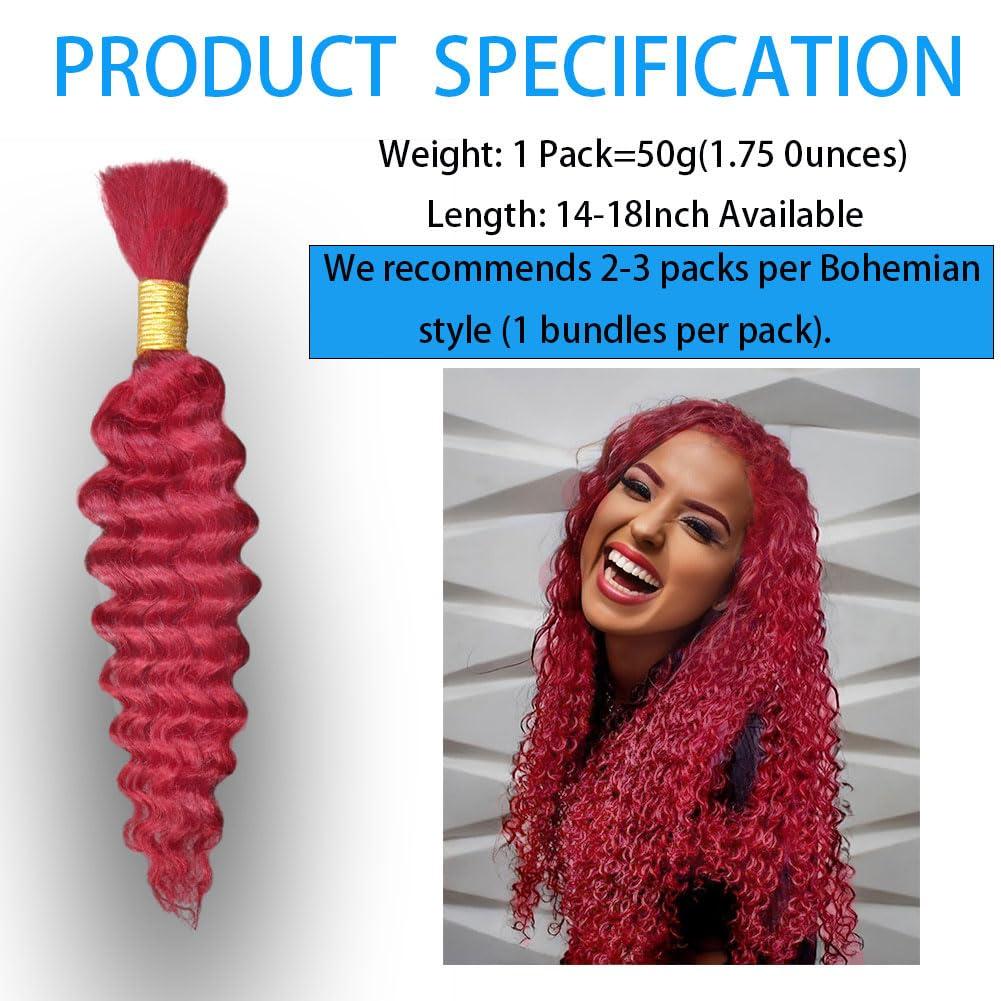 LUXLUSH Burgundy Human Braiding Hair 16 Inch 50 g 1 Bundle Deep Water Wave Bulk Human Hair for Braiding Curly Human Hair for Boho Braids Wet and Wavy Human Hair Extensions No Weft Micro Braiding Hair