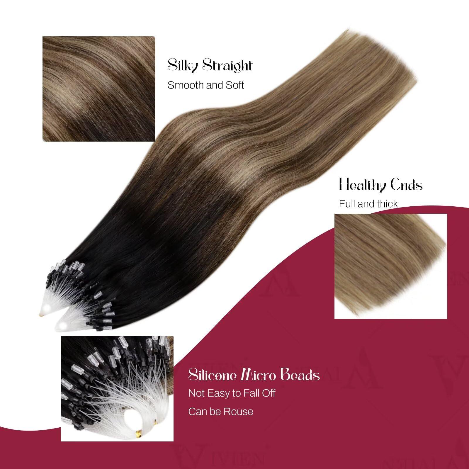 Vivien Vivien Micro Loop Hair Extensions Human Hair Ombre Micro Ring Hair Extensions Real Human Hair Natural Black to Brwon with Ash Blonde Micro Bead Human Hair Extensions 14 Inch 50G/50S