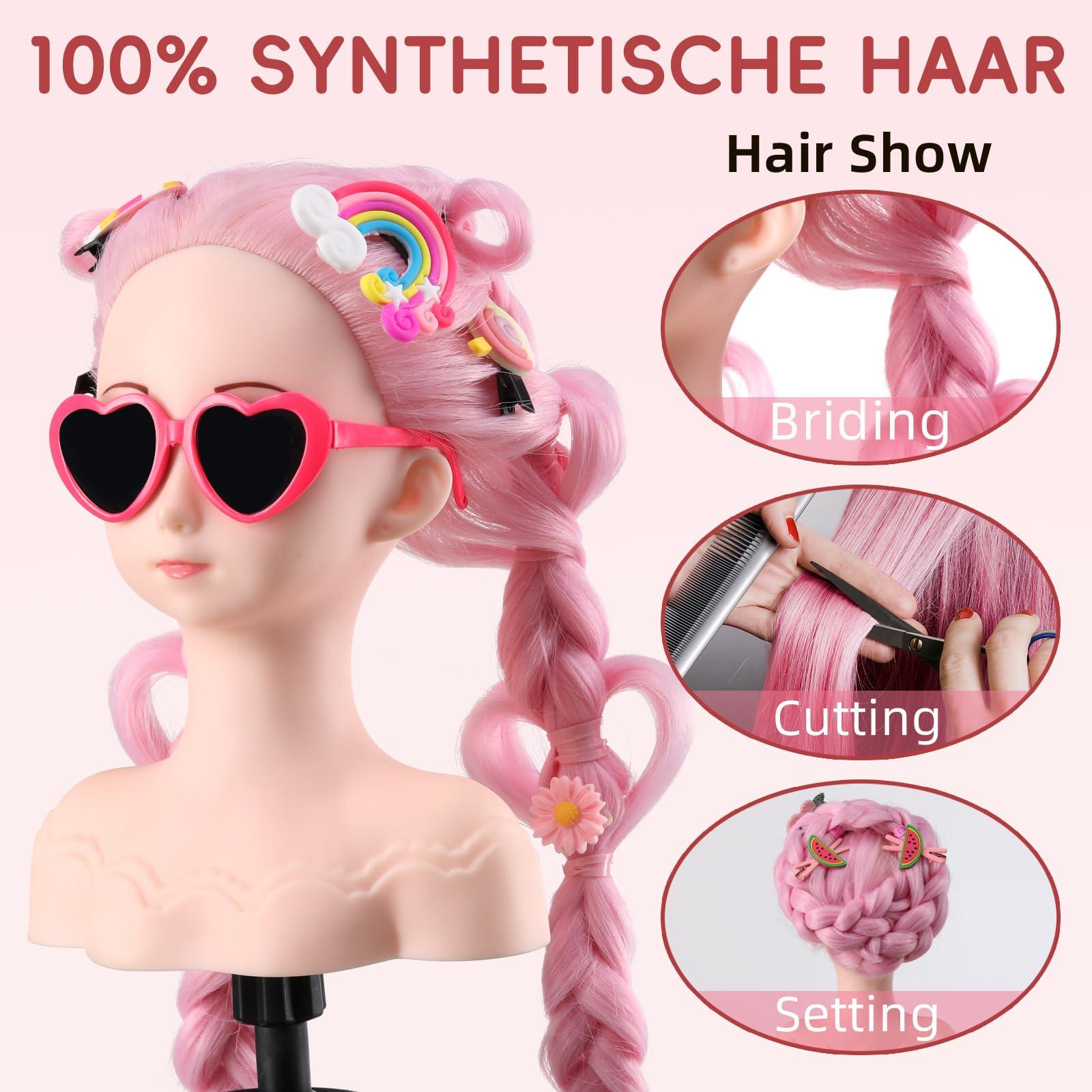 Anstar Anstar Hair Styling Doll Head for Girls Styling Head for Kids Mannequin Head with Pink Hair Doll Head for Hair Styling Braiding Cosmetology Manikin Head with Clamp Holder and Tools