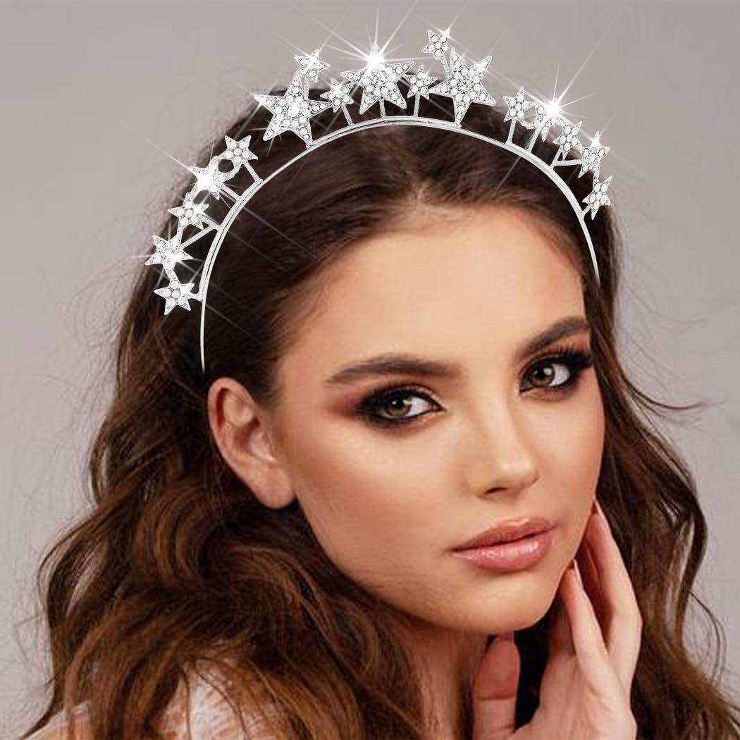 CAKURE CAKURE Star Halo Crown Headband Silver Rhinestone Celestial Wedding Tiaras Crystal Mary Headpiece Party Wedding Hair Accessories for Women and Girls