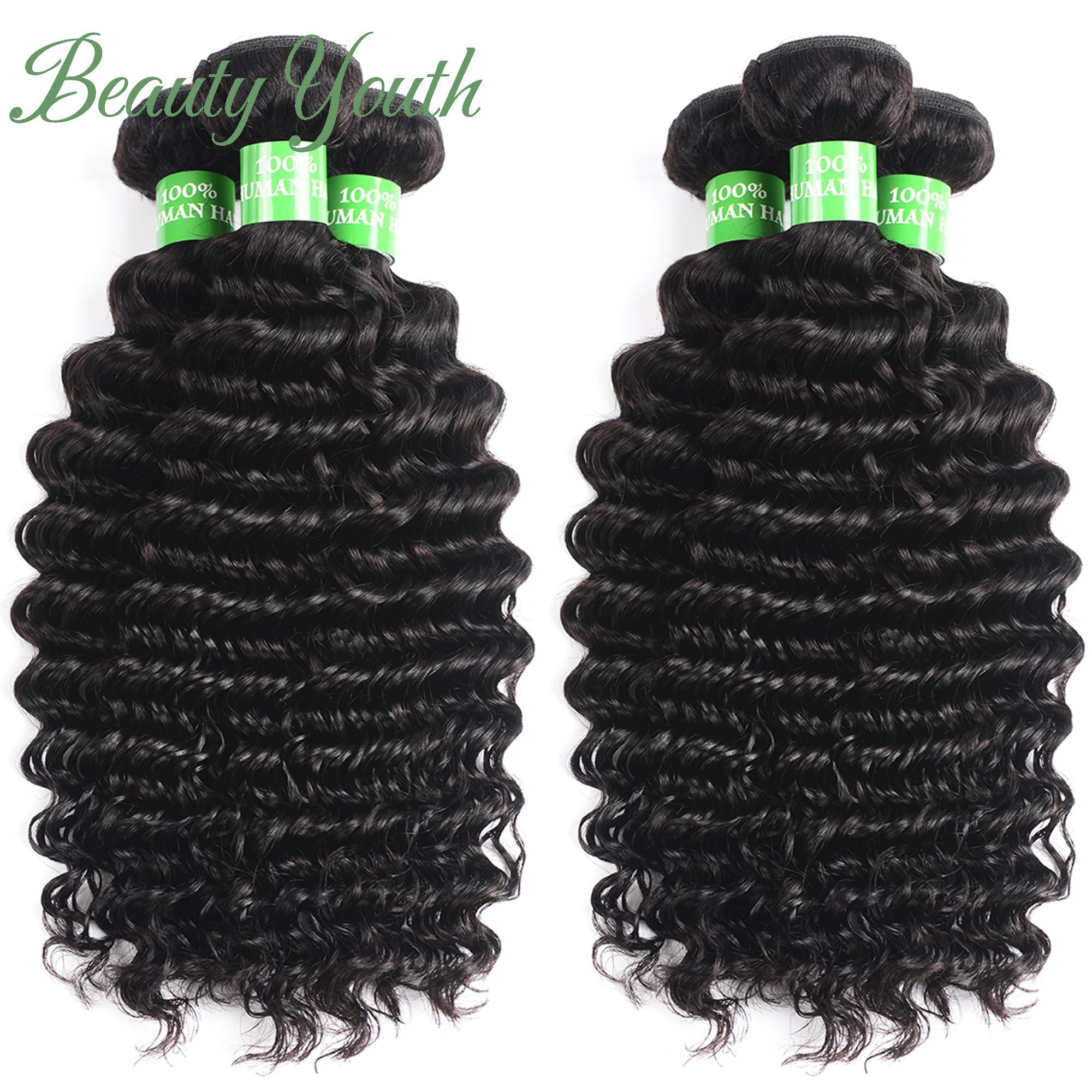 beauty youth Beauty Youth Deep Curly Human Hair 3 Bundles(16 14 12inch)100% Unprocessed Brazilian Virgin Deep Wave Hair Weave 3 Bundles Human Hair Deep Curly Hair Extensions Natural Color