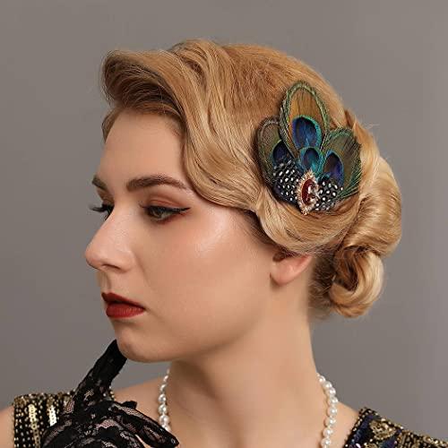 Asooll Asooll Peacock Feather Hair Clip 1920s Flapper Headpiece Great Gatsby Red Crystal Hair Jewelry Festival Costume Hair Accessories for Women and Girls