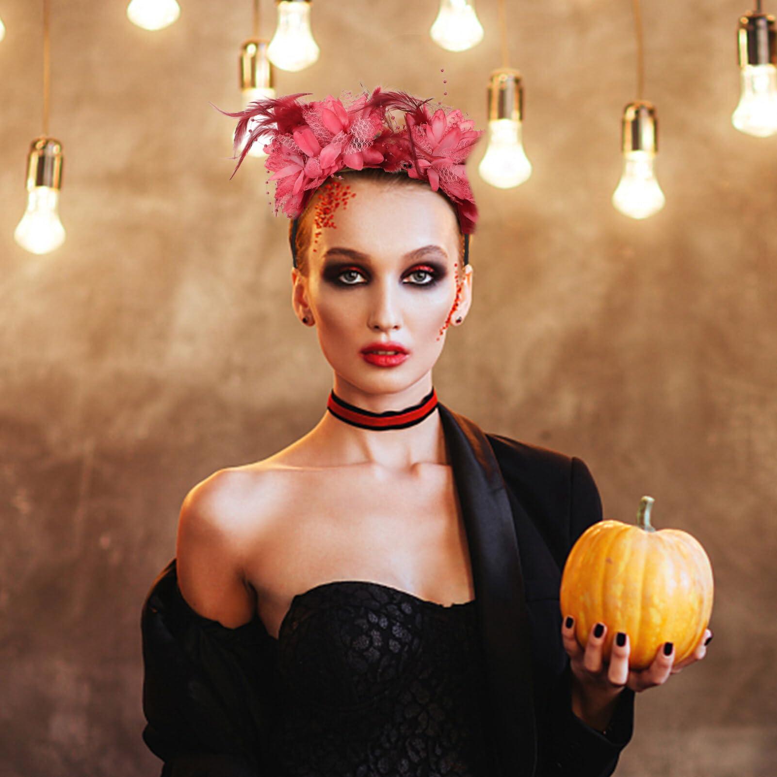 FOMIYES FOMIYES Halloween Flower Headband, Red Flower Headpiece, Artificial Flower Skull Head Buckle Hair Accessory, Day of the Dead Crown Headband, Cosplay Masquerade Party Custume