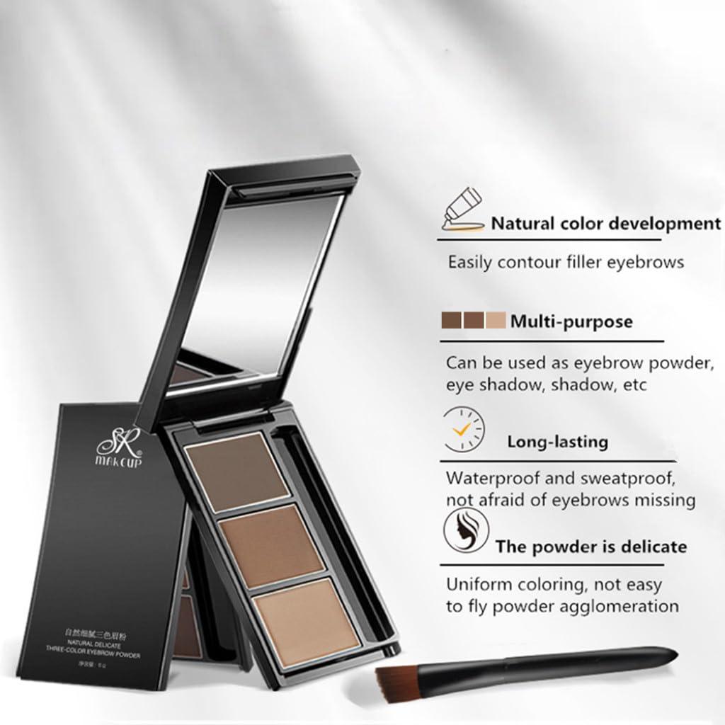 UOCK Eyebrow powder three-color brow disc waterproof eyebrow powder eyebrow makeup kit eyebrow filler to shape natural eyebrows (02# Brown, light brown, skin tone)