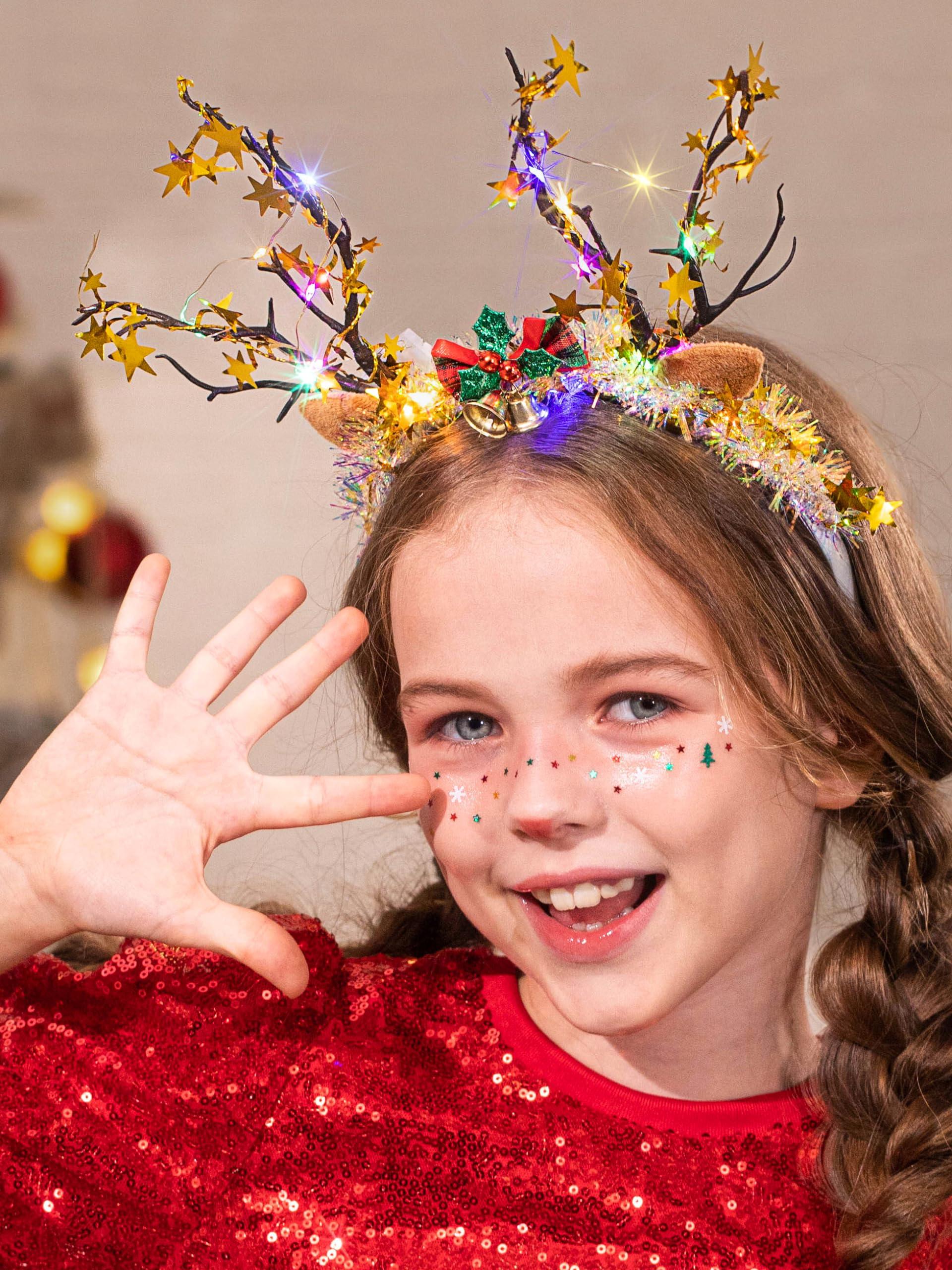 Edary Edary Light Up Reindeer Antlers Headband Led Christmas Tree Branch Hair Band Glitter Star Headpiece Holiday Hair Accessories for Women