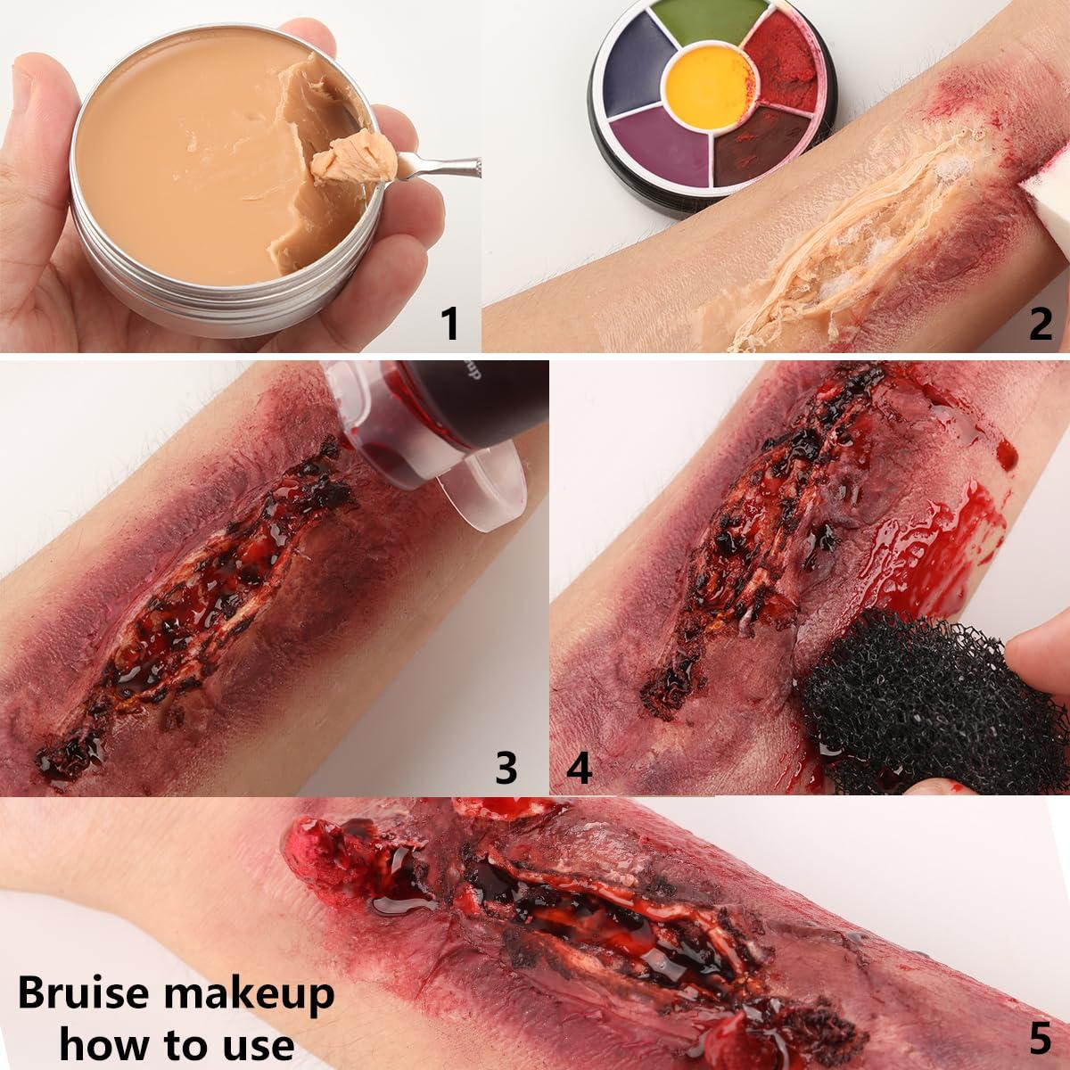 Afflano Afflano Bruise SFX Halloween Makeup Kit, Nose Scar Wax 60g+ Spatula+Stage Fake Blood+Face Body Paint+Skin Wax Oil, 3 Stipple Sponge For Festival Theatrical Wound Modeling Skull Zombie Vampire Makeup