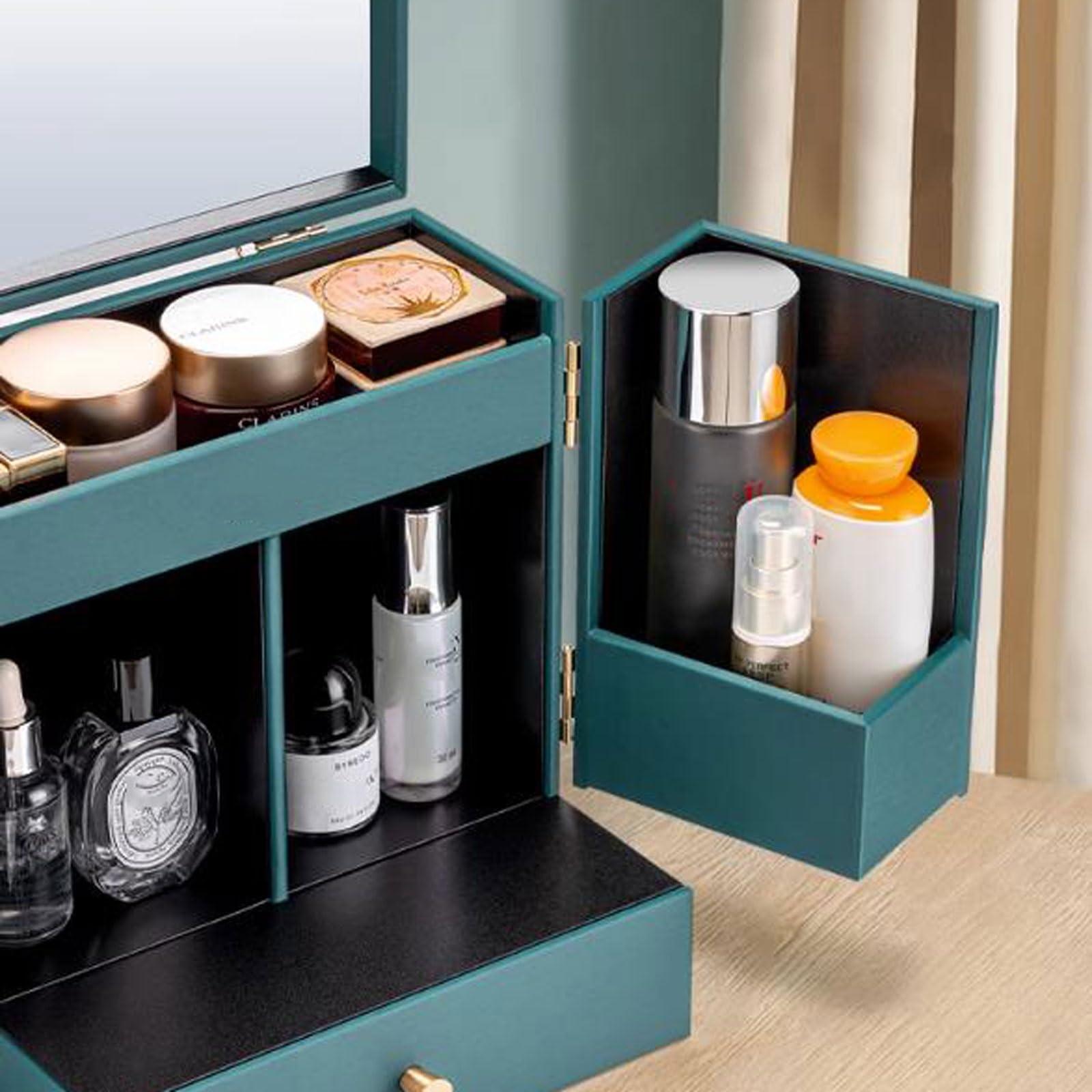 CLoxks makeup organizer Luxury Makeup Organiser Storage Box Cabinet with Mirror and Drawer, Cosmetic Organizer MDF, Skincare Organizer Beauty Caddy Storage Box for Dresser & Bathroom, Dust-Proof Waterproof c