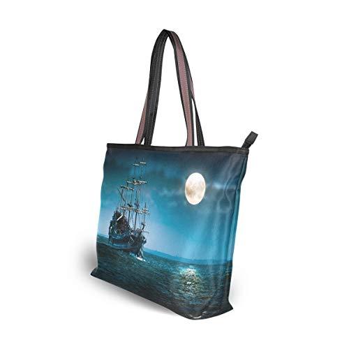 Large Women Tote Bag Ocean Pirate Ship Full Moon Handbags Tote Handle with Zipper Shoulder Bag Grocery Shopping Work Bag