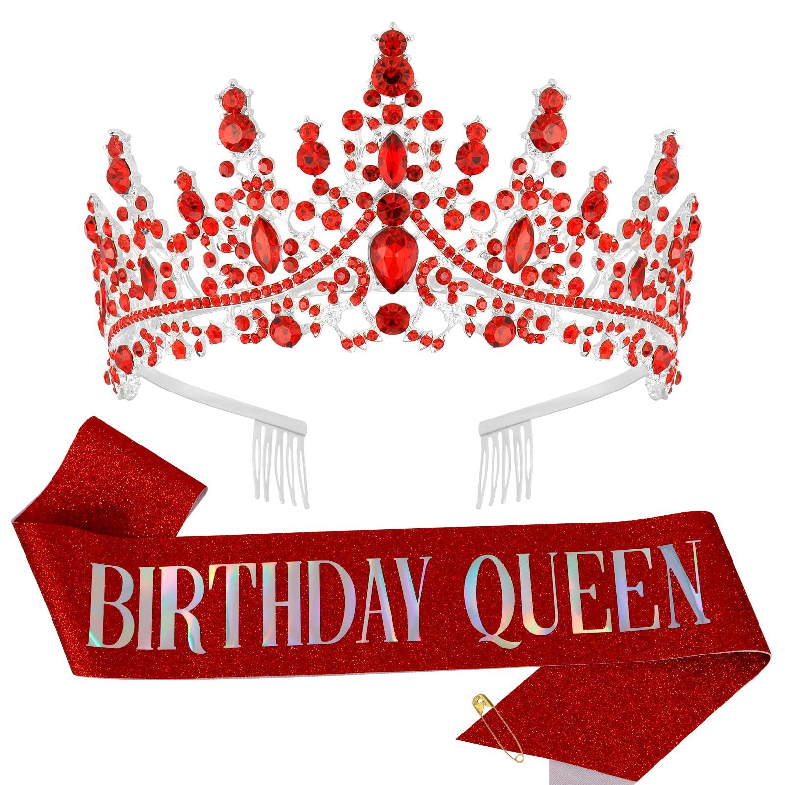 TIHEBAX Tihebax Birthday Queen Sash & Rhinestone Tiara Red Sliver Crown Birthday Sash and Tiara for Women Girls Princess Tiara Crown Birthday Accessories Headband and Sash for Girls