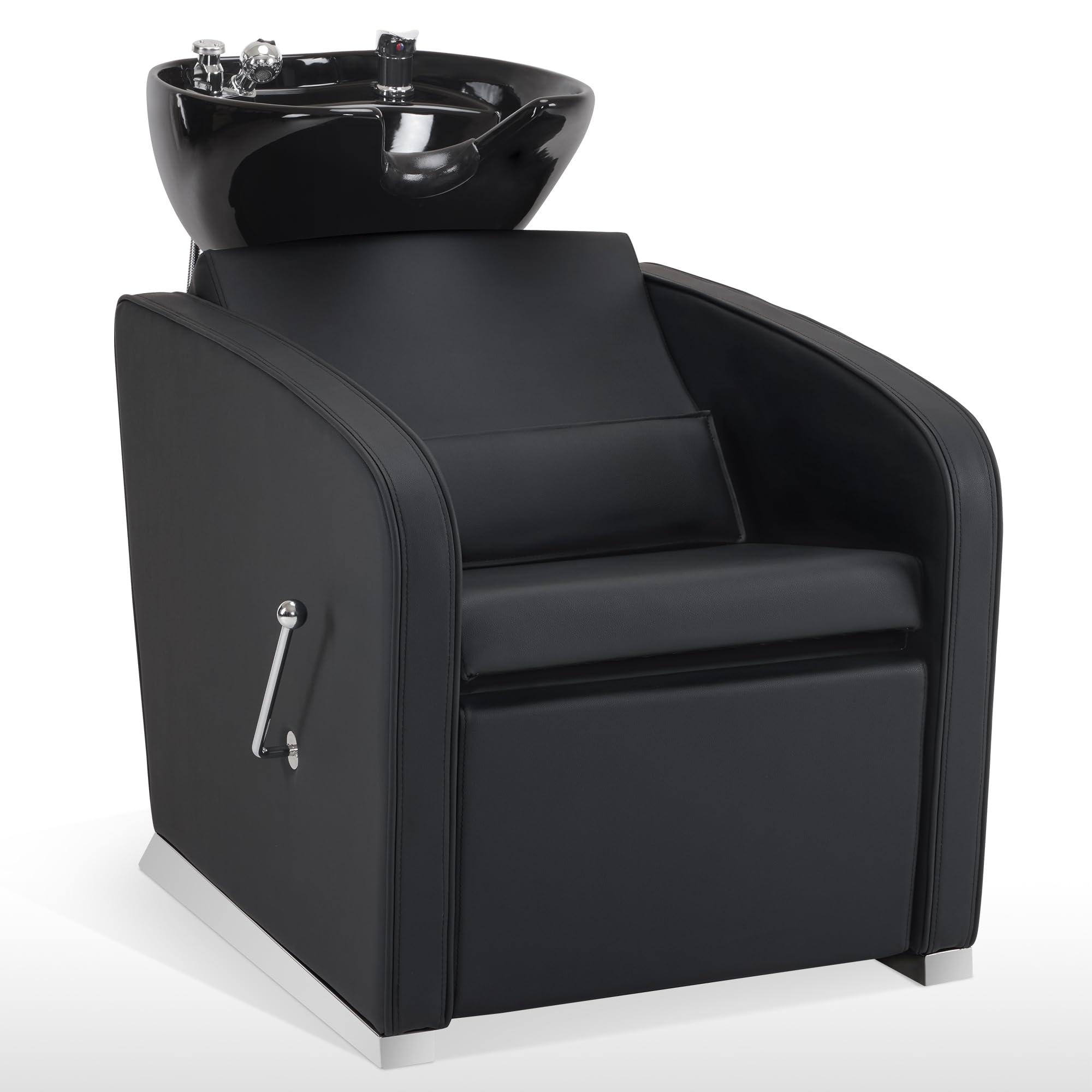 BarberPub BarberPub Backwash Shampoo Station Chair, Adjustable Porcelain Ceramic Hair Wash Bowl Sink Unit Station, Reclining Shampoo Station Chair for Spa Beauty Salon Hair Salon Equipment 9303 (Black)