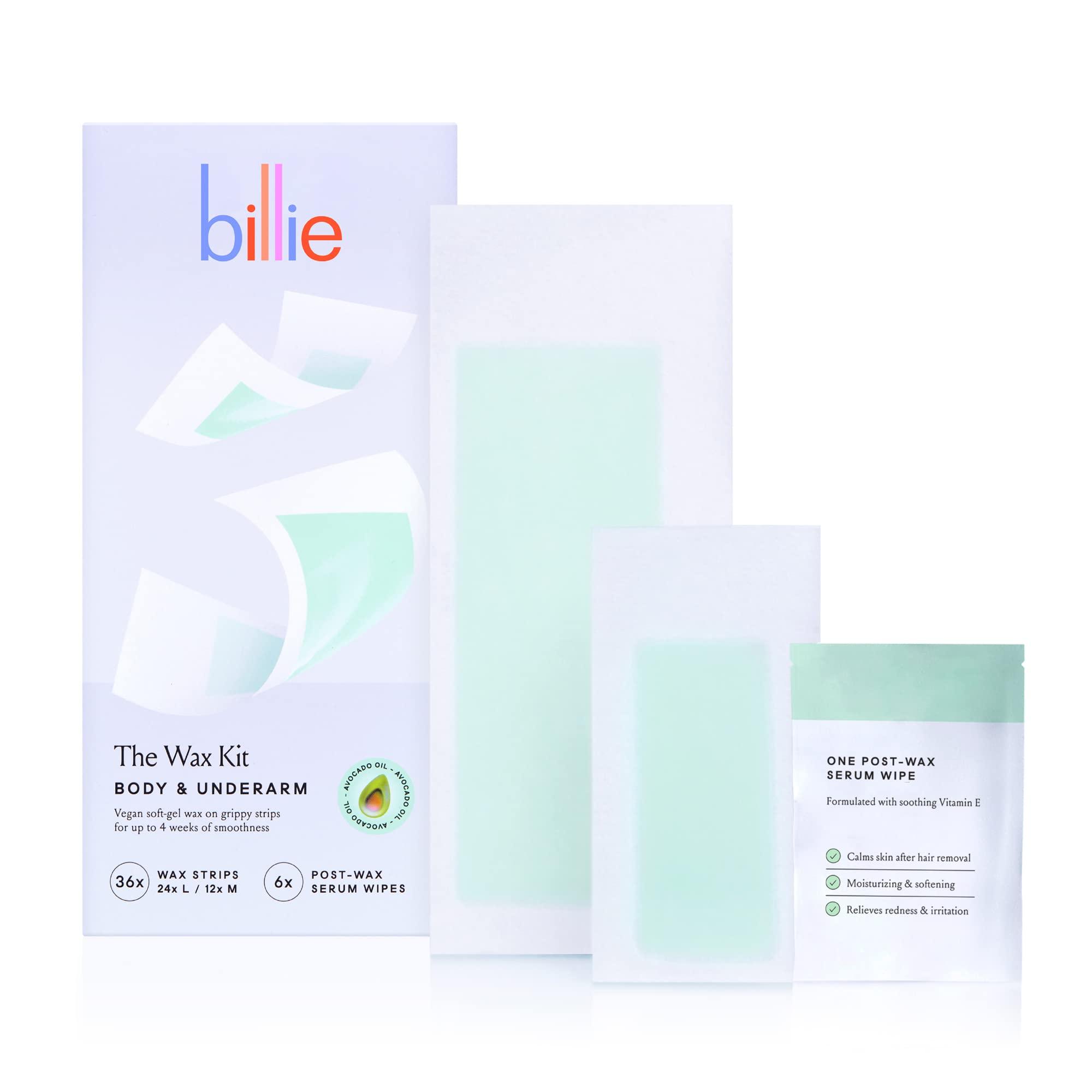 Billie Billie Wax Kit - Body & Underarm - Easy & Convenient - No Heat - Made With Aloe & Avocado Oil - Vegan Soft-Gel - 36 wax strips - 6 post-wax serum wipes