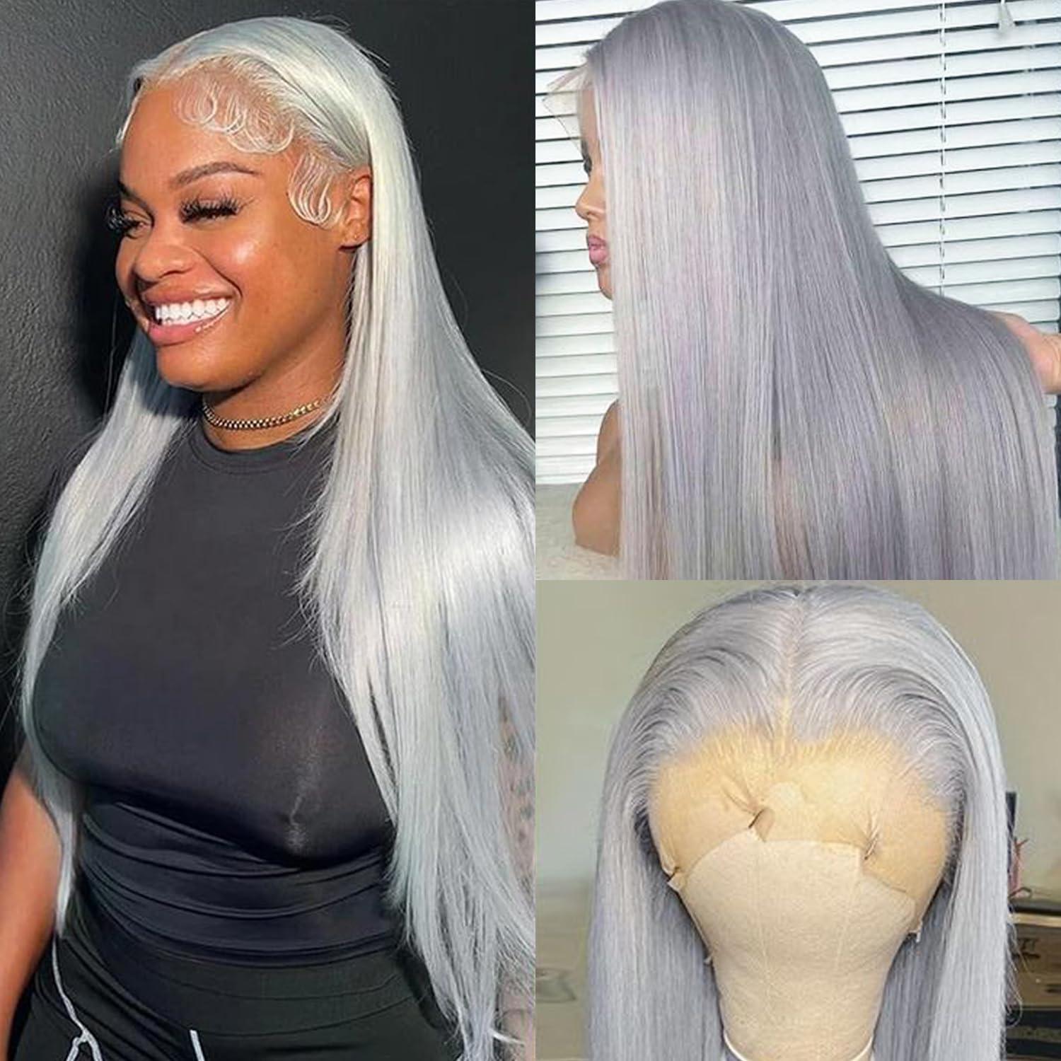 Ubetta Grey Lace Front Wigs Human Hair 28 Inch 13x6 Silver Grey Wig Human Hair Pre Plucked Glueless HD Lace Front Grey Wigs for Black Women 180% Density Colored Grey Straight Human Hair Lace Front Wigs