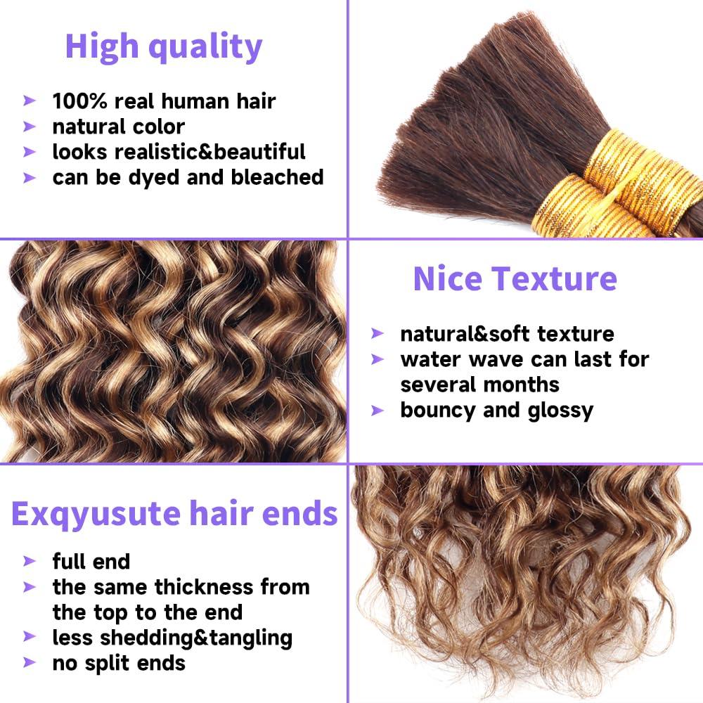 kloiynj Human Braiding Hair Water Wave Bulk Human Hair For Braiding 100g (1pack-2bundles) No Weft 100% Unprocessed Virgin Human Braiding Hair For Boho Braids Water Wave Micro Braiding Human Hair 16inch #4/27