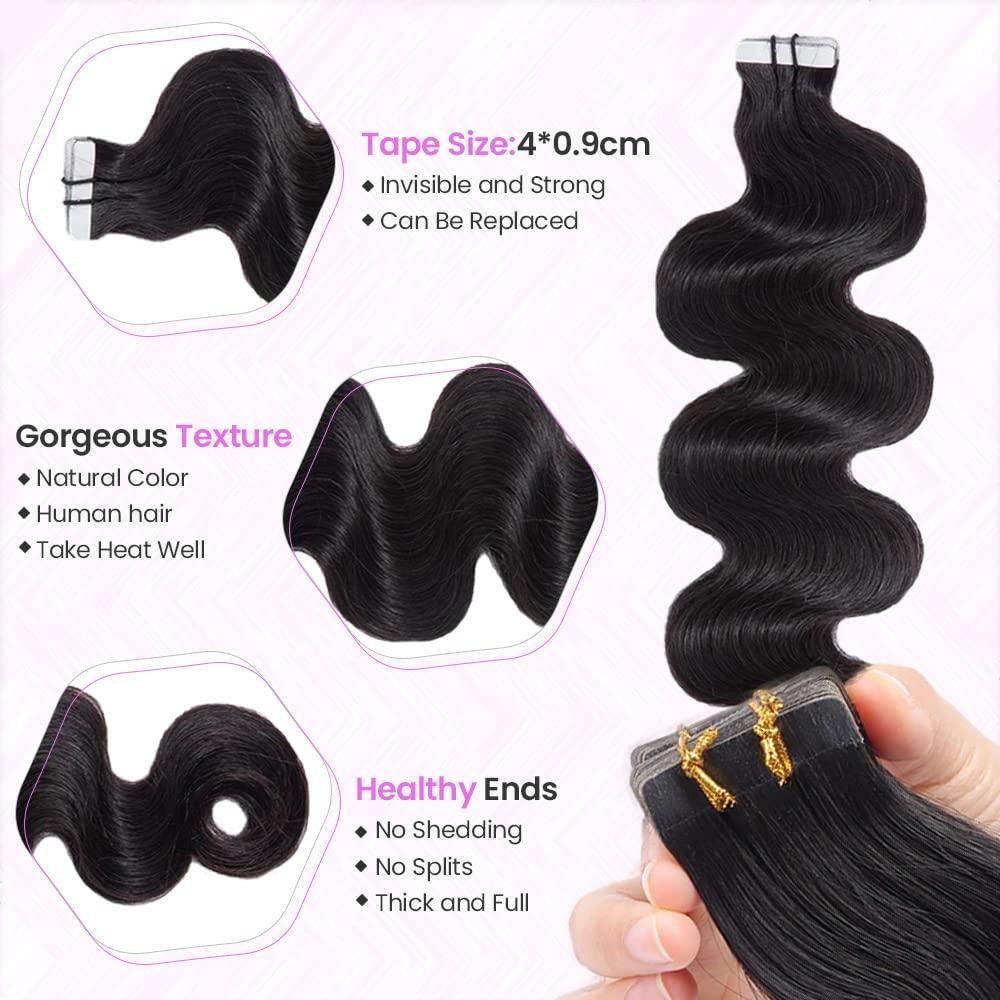 Smartinnov Remy Tape in Hair Extensions for Full Head 40 PCS 100g Natural Black Body Wave Tape in Extension Human Hair for Black Women Reusable Double-Side Seamless Wavy Tape in Hair Extensions 16 Inch