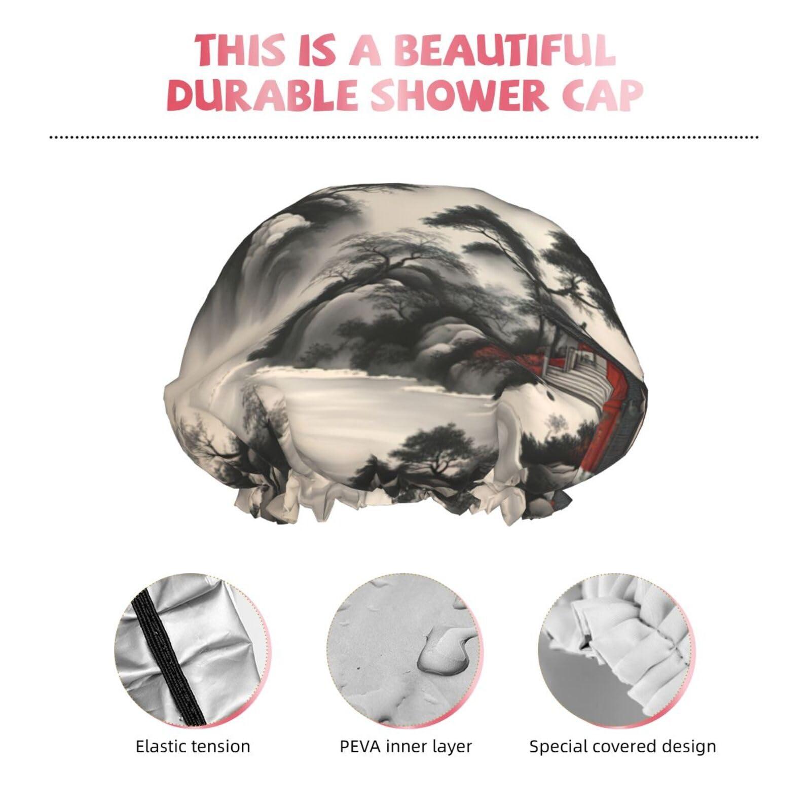 QHWLR Cap For And Women Stylish Shower Capslandscape Paintingprint With Reusable Waterproof Bathing Shower Hat For Ladies