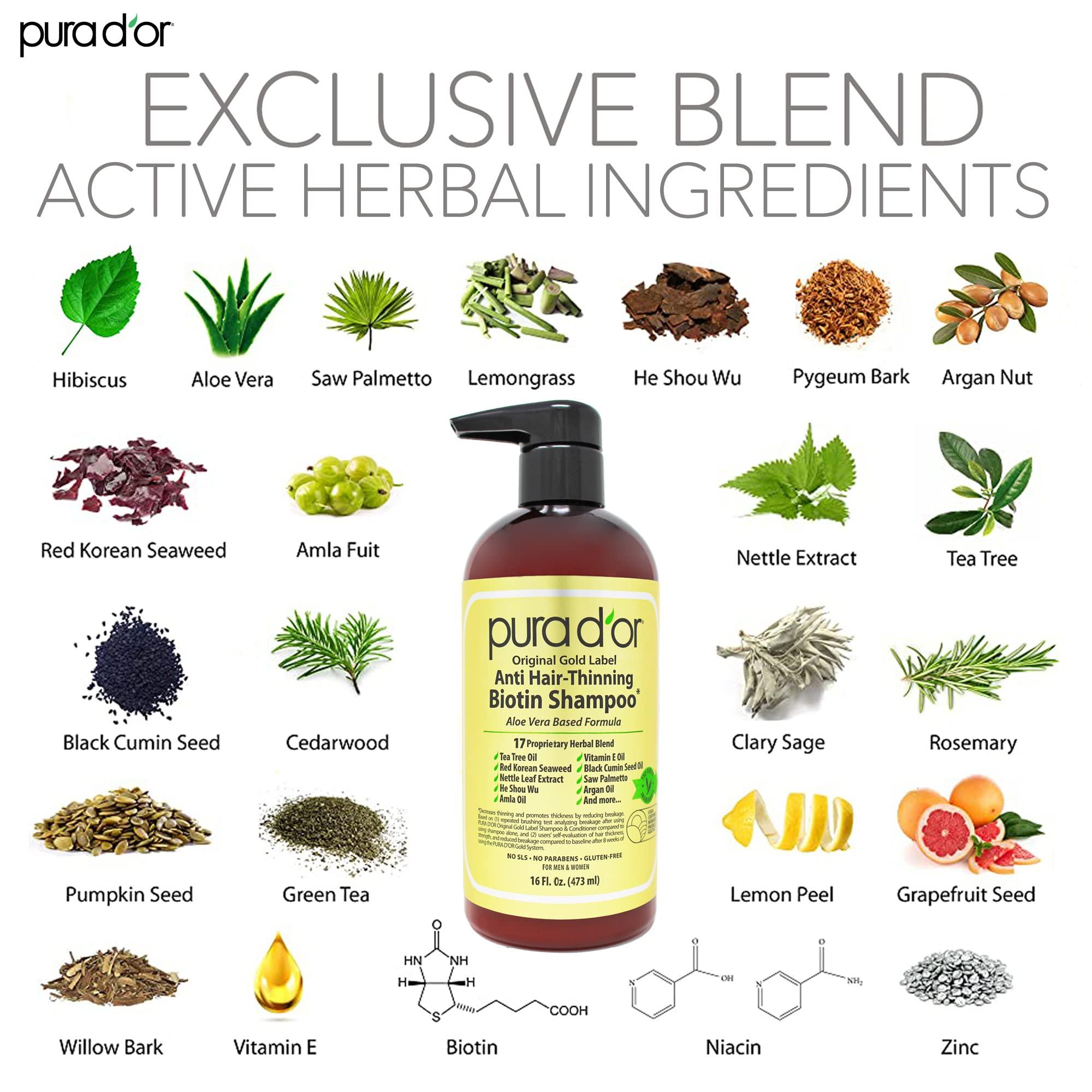 PURA D\'OR PURA D\'OR Anti-Thinning Biotin Shampoo, Clinically Tested DHT Blocker & Scalp Therapy Energizing Scalp Serum Revitalizer (4oz) with Argan Oil, Biotin