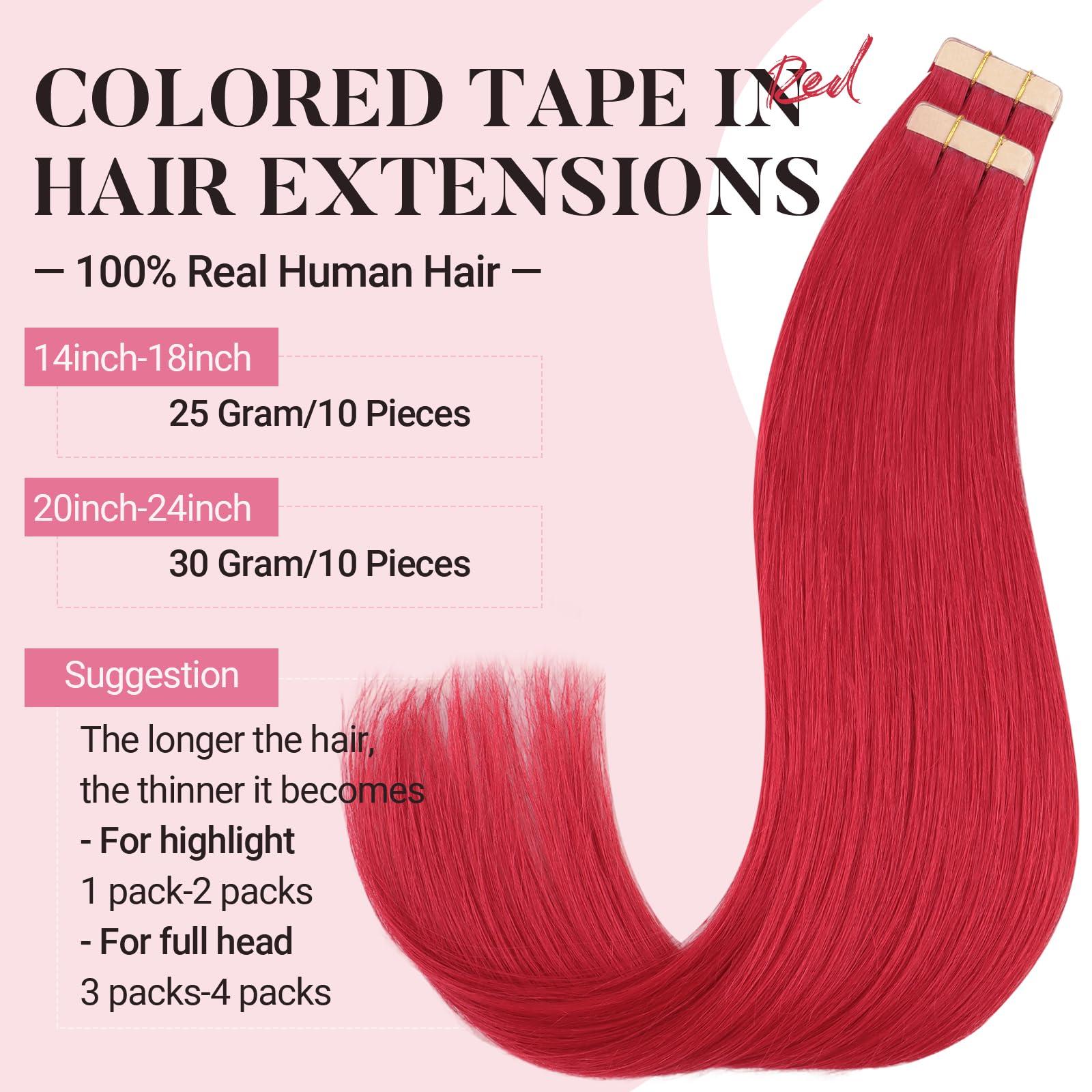MAXITA MAXITA Tape in Hair Extensions Human Hair Red Hair Extensions Tape ins, 10pcs 25g 18 Inch Colored Party Highlight Tape in Extensions Straight Soft Real Human Hair Extension