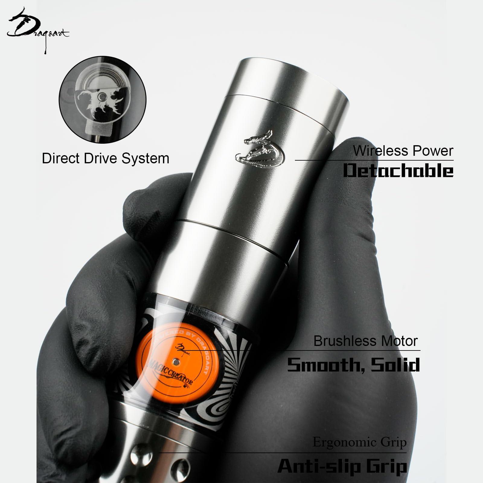 Dragoart Dragoart Tattoo Gun Wireless Tattoo Machine Brushless Motor 10800Rpm, 0-4mm Needle Depth Aluminium Alloy Frame Direct Drive System LED Display, Rotary Tattoo Gun 1300mAh for 6hrs Tattooing (Silver)