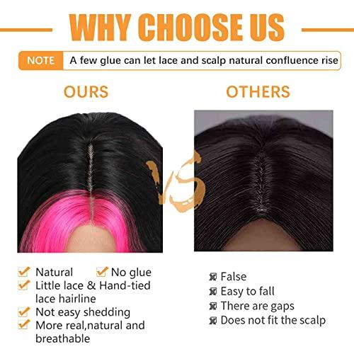 Aigemei Pink Skunk Stripe Wavy Wigs 22inch Highlight Synthetic Hair Lace Wig Ombre Hair Wigs for Black Women Middle Part Fake Scalp Long Wavy Wig