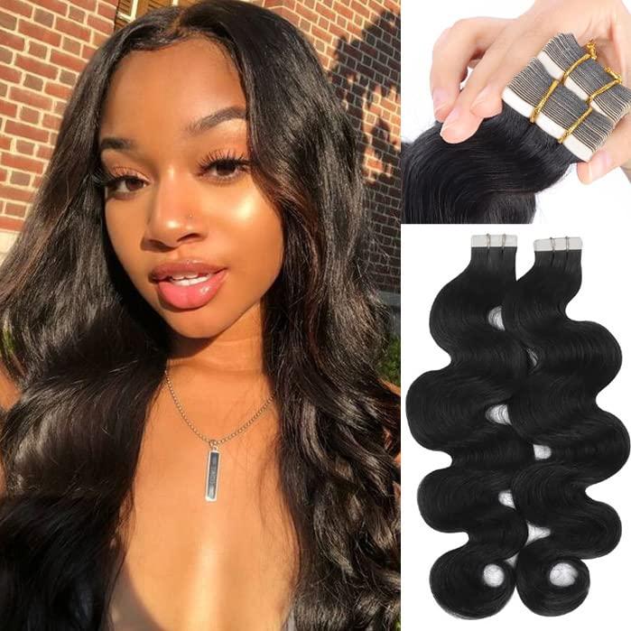 Smartinnov Remy Tape in Hair Extensions for Full Head 40 PCS 100g Natural Black Body Wave Tape in Extension Human Hair for Black Women Reusable Double-Side Seamless Wavy Tape in Hair Extensions 16 Inch