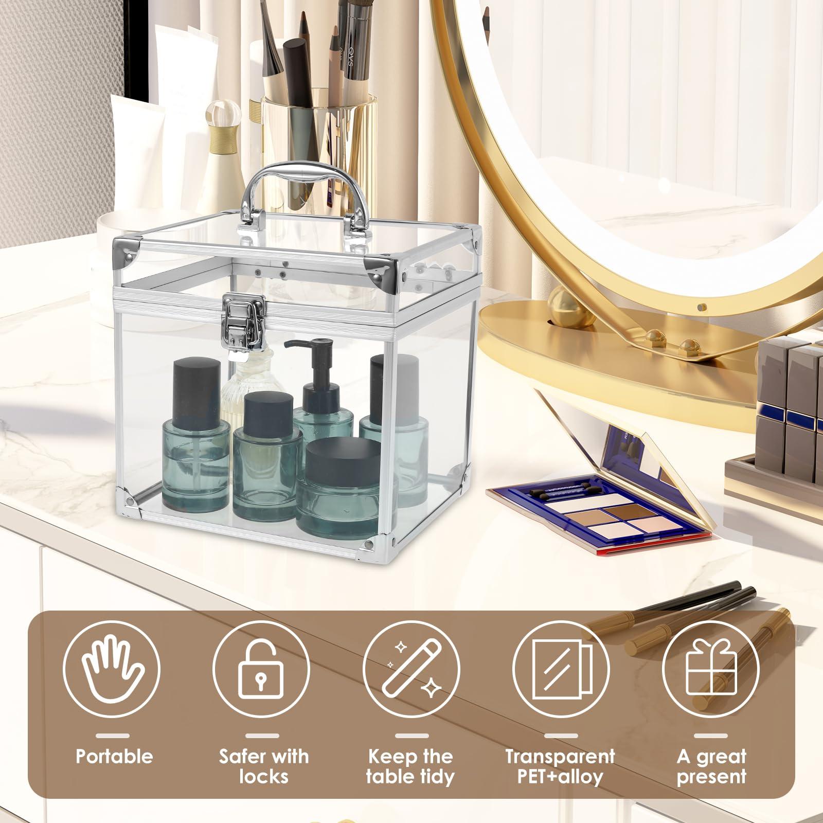 LYIYEYAN LYIYEYAN Makeup Box Clear Cosmetic Case with Latches and Handle Large Capacity Toiletry Organizer Box Portable Travel Makeup Tools Box for Vanity Bathroom Counter Dresser (Silver)