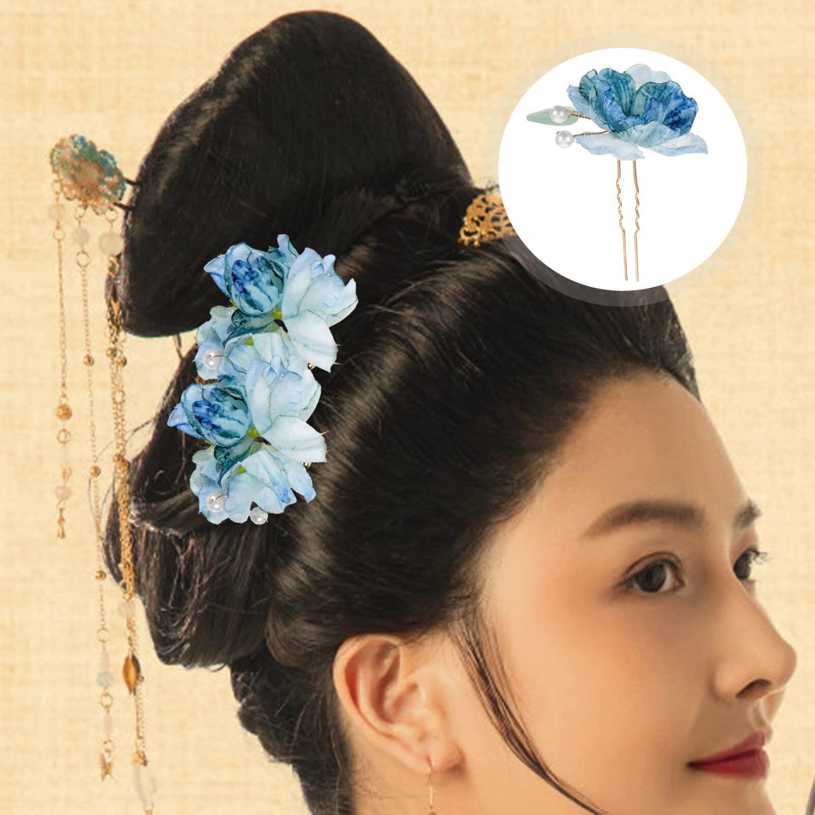 USHOBE 2pcs Piece Blue Flower Hair Fork Pearl Headpiece Blue Hair Pins Hair Pearls Floral Hair Pins Wedding Hair Accessories for Brides Wedding Hair Clip Floral Hair Accessories