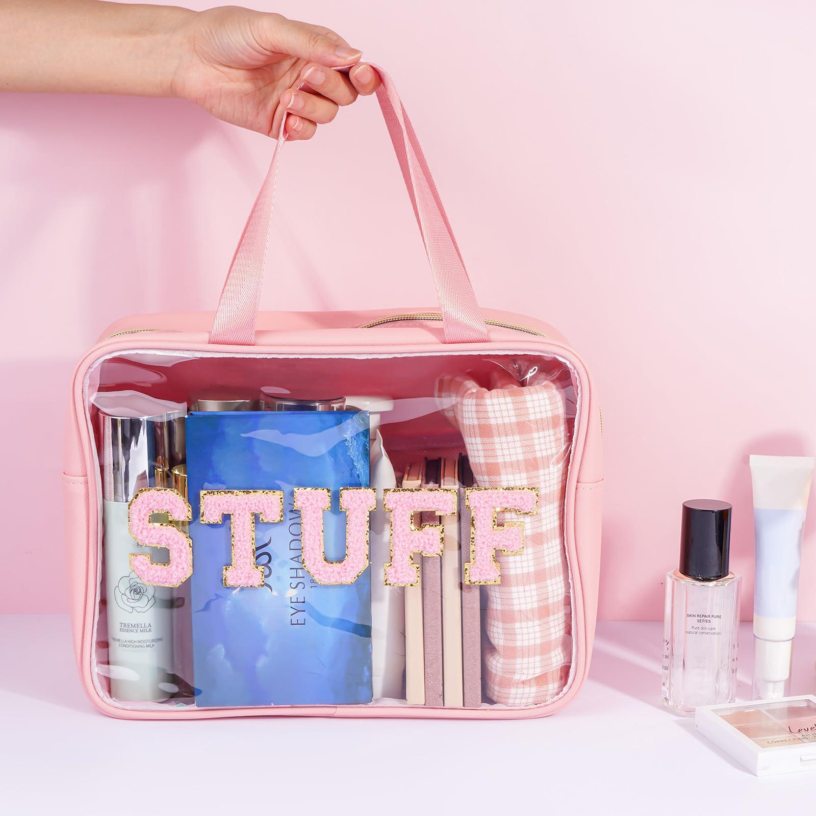 Glitzcharm Glitzcharm Clear Makeup Bag Transparent Cosmetic Bag Organizer for Women Waterproof Travel Toiletry Bag Portable Make up Bag with Chenille Letter, Large, Pink