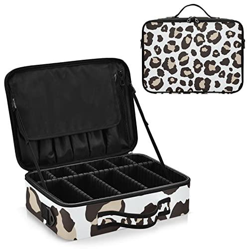 KLL KLL Leopard Print Pattern Large Capacity Cosmetic Case Travel Makeup Train Case with Adjustable Dividers and Shoulder Strap Portable Storage Bag for Toiletry Makeup Brush Jewelry Travel Accessories