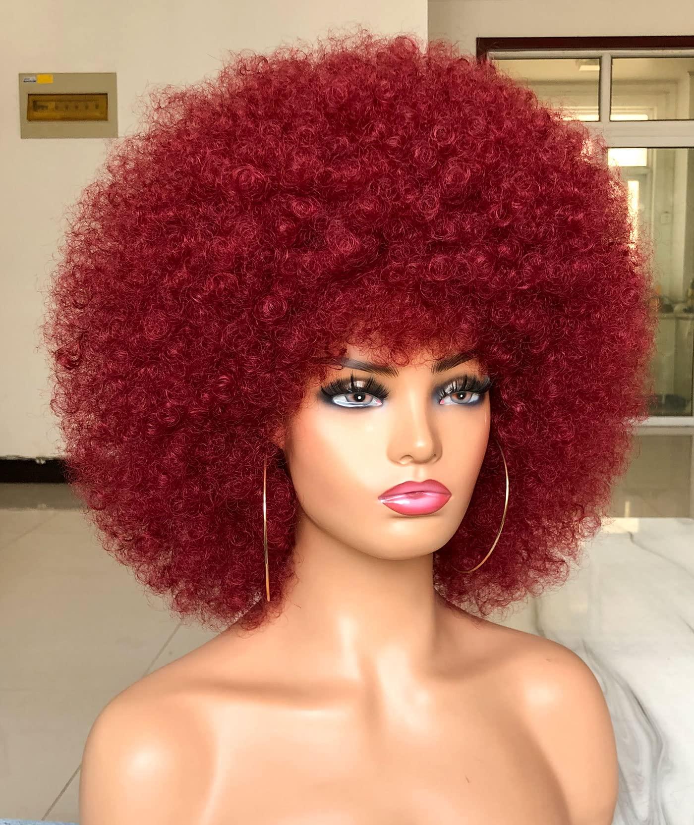 HIHOO HIHOO Short Afro Wig with Bangs for Black Women Afro Kinky Curly Wig 70s Premium Synthetic Big Afro Wig(BUG)