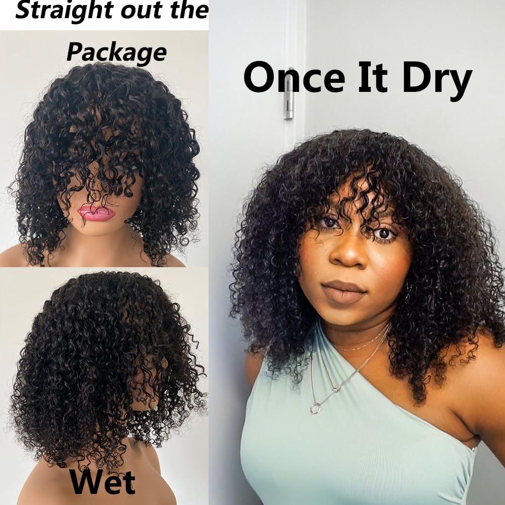 Young beauty Young beauty Curly Human Hair Wig With Bangs 100% Brazilian Human Hair Curly Wigs O Scalp Top Full Machine Made Wig for Black Women Loose Curly Wigs 180Density 20inch Natural Color