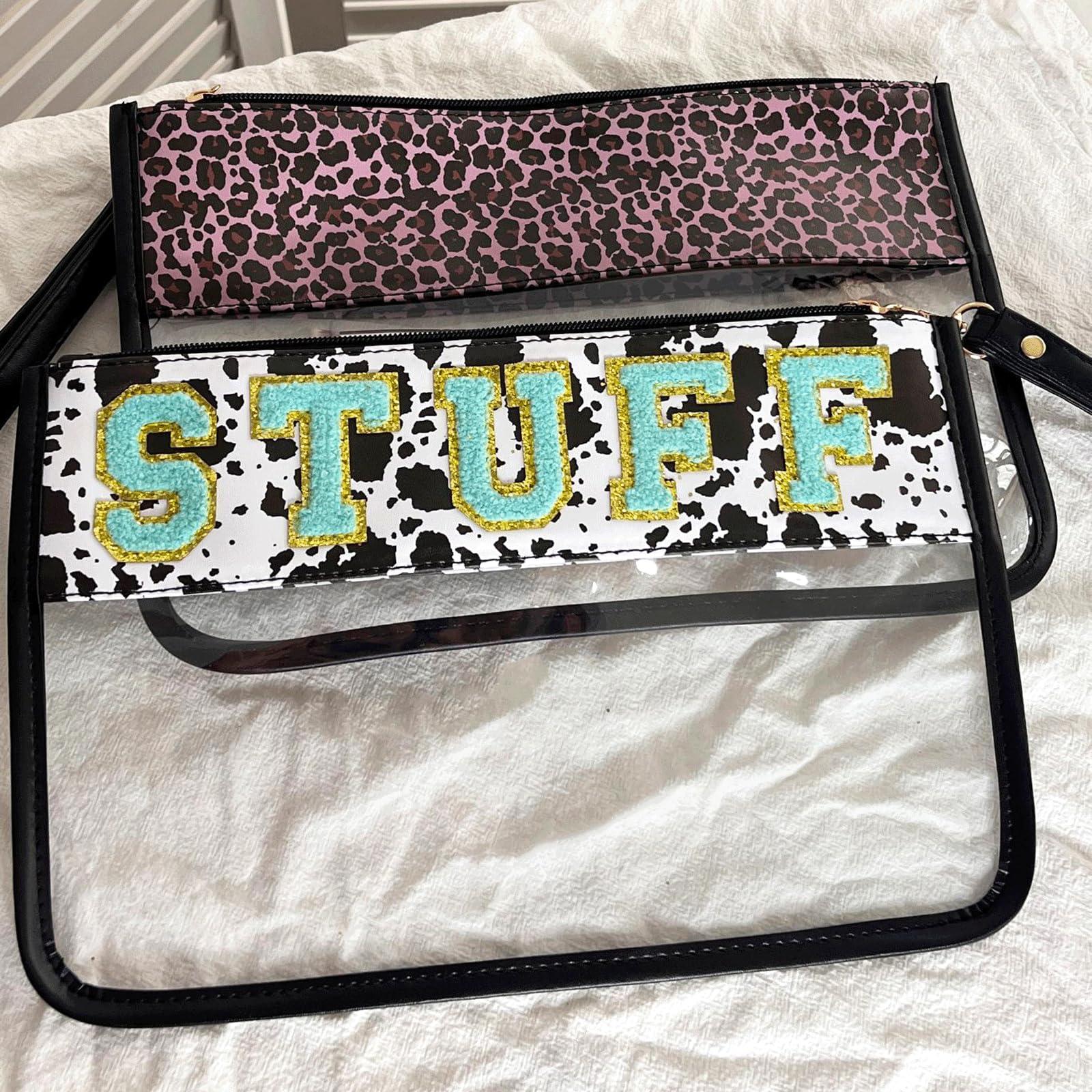 LOTUSTAR LOTUSTAR Clear Makeup Letter Patch Bag Travel Toiletry Bag Clear Cosmetic Bags Stuff Snacks Pouch for Gym Stadium Beach (Cow,Stuff)