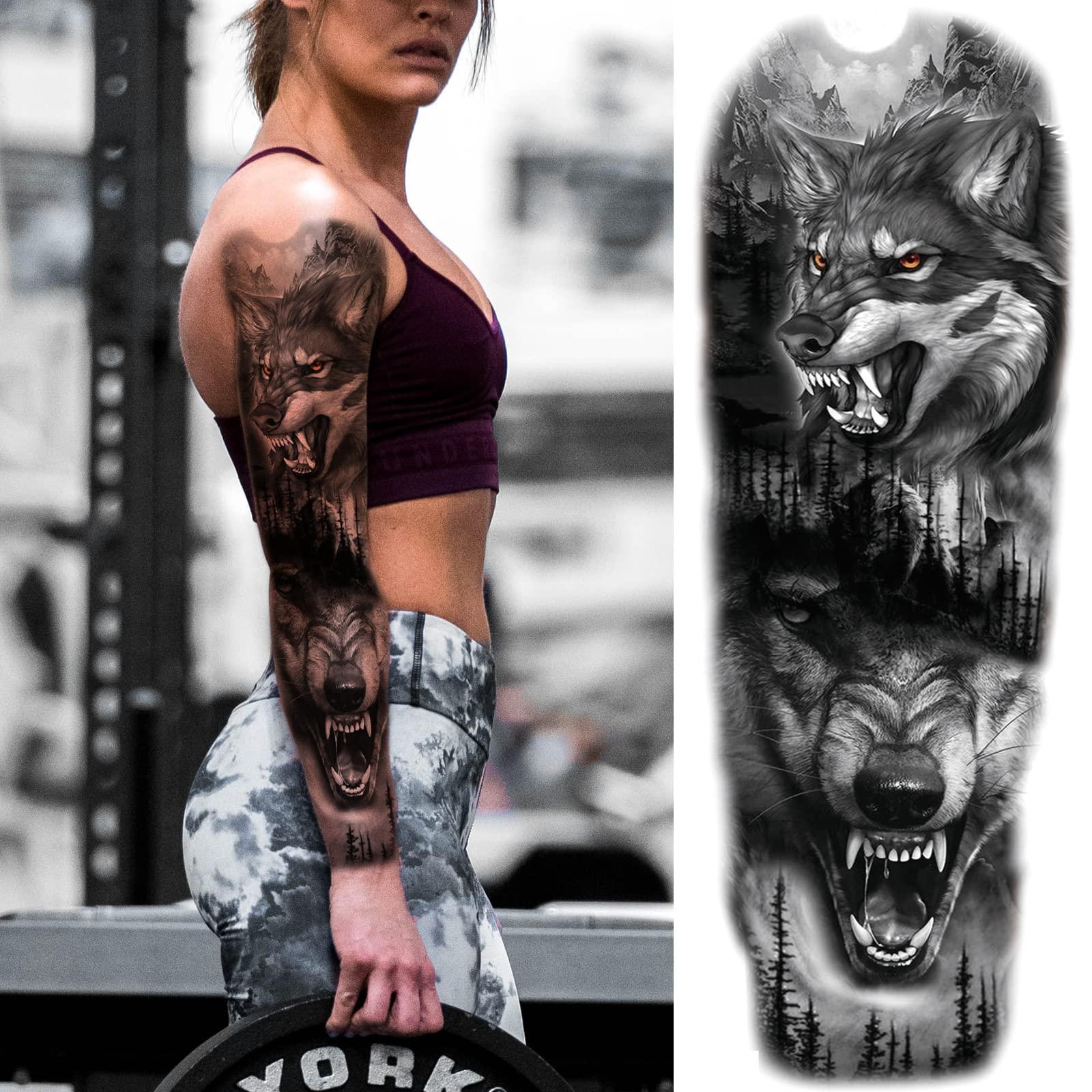 Briyhose Briyhose Lion Wolf Temporary Tattoo Sleeve, Large Full Arm Animal Tribal Fake Tattoos Sleeve For Men Women Adult, Long Lasting Black Arm Temp Tatoo Sticker Leg Body Art Makeup, 4-Sheet