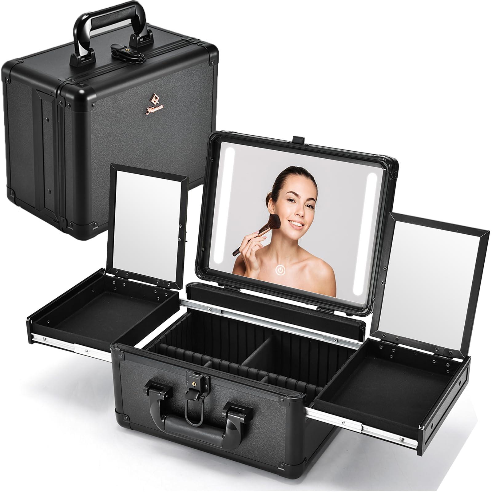 Faquenc Faquenc Travel Makeup Case With LED Mirror, Makeup Train Case with Light up Mirror, Artist Portable Makeup Organizer Bag with Adjustable Dividers, Fold-out Trays for Jewelry Storage, Black