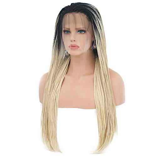 CHENG RUO Hair Cap+26'' Braided Lace Wigs Ombre Blonde Hair with BLack Roots for Women Synthetic Heat Resistant Long Braided Wigs Glueless Half Hand Tied Blonde Micro Braids Lace Front Wig