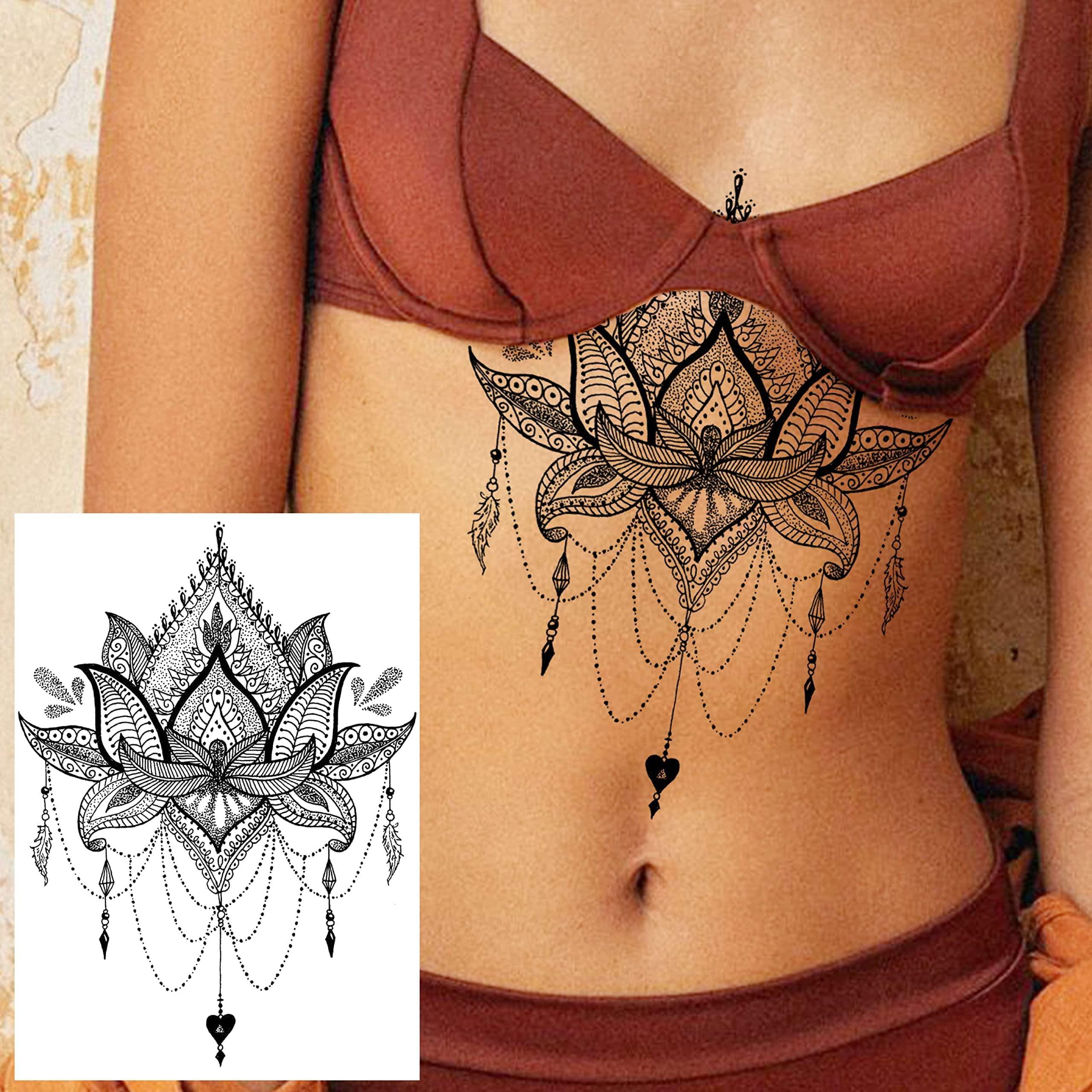FANRUI 6 Sheets FANRUI Black Henna Temporary Tattoos For Women Lace Mehndi Mandala Flower Tatoos Ink Large Waterproof Lotus Fake Jewelry Pendant Butterfly Tattoo Stickers Kit Wedding Dreamcatcher Feather