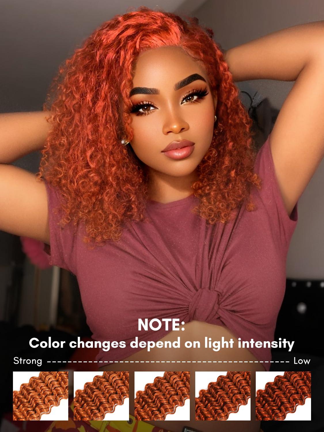AUROO AUROO Ginger Bundles Human Hair 14 16 18 20 inch, Burnt Orange Deep Wave Human Hair Bundles Curly Ginger Hair 100% Virgin Remy Brazilian Weave Soft Thick 350 Ginger Wavy Bundles Human Hair Sew In