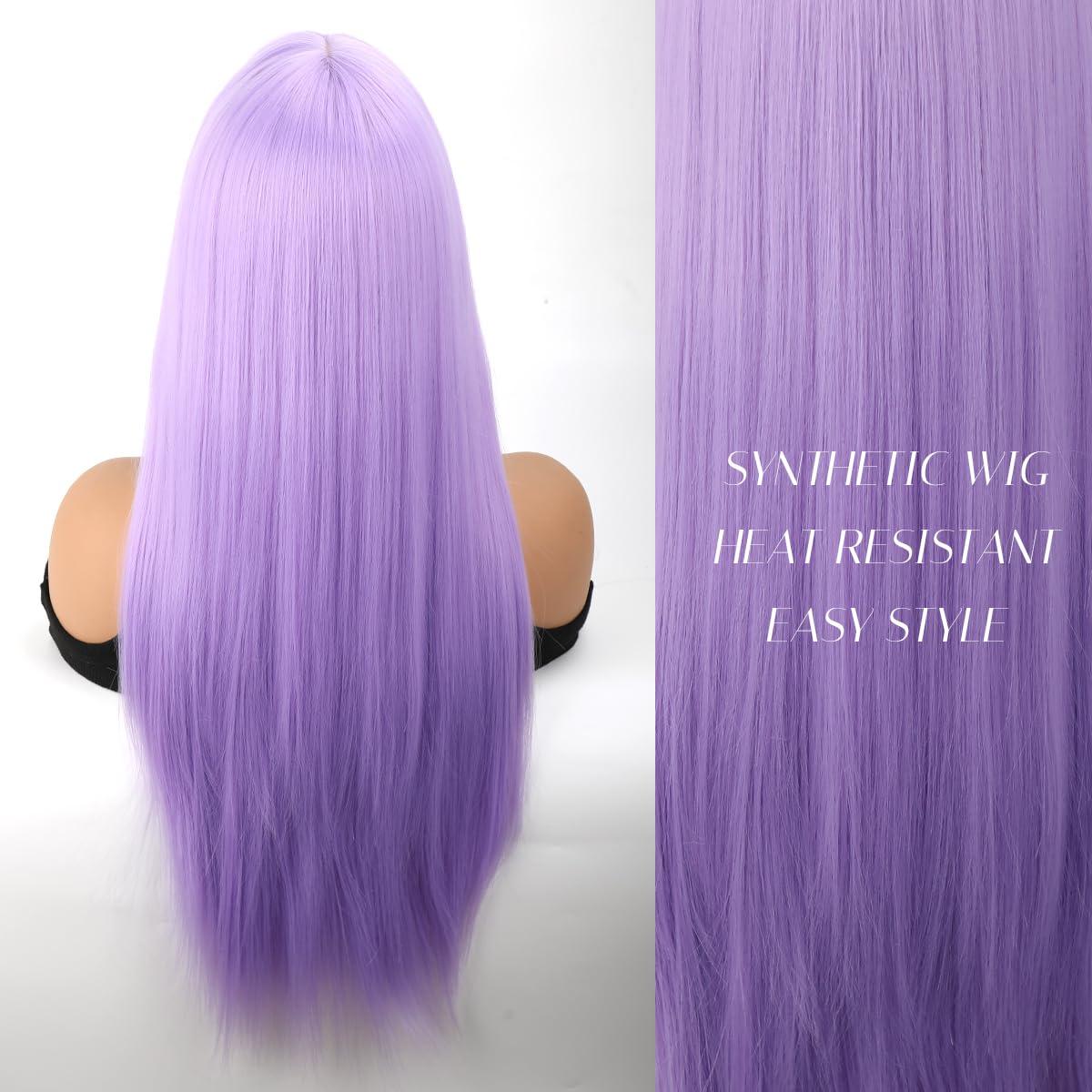 forfeels forfeels Light Purple Wig With Bangs Long Straight Synthetic Wigs For Women 28 Inch Cosplay Wig Synthetic Wig With Bangs Light Purple Synthetic Hair For Halloween And Party