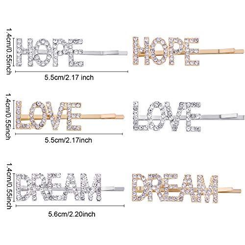 Chinco 6 Pieces Word Letter Hair Clips Rhinestones Hair Barrettes Crystal Bobby Pins for Women Girls Hair Accessories