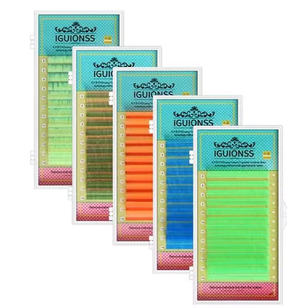 NinthAvenue Basics Colored Lash Extensions UV Neon Lash, 8-14mm Mixed, Green, Orange, Blue, Easy Fanning, C/D Curl, 0.07mm, Individual Colored Lashes (Curl D-0.07MM, Gradient Green)