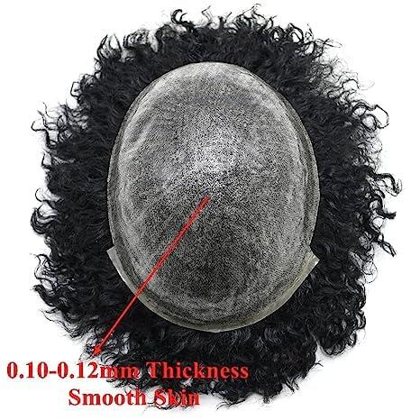Healthlif Men Weave Hair Unit Black Men Afro Toupee Hair Pieces For Black Men African American Men Afro Wigs Real Human Hair Units Black Men Natural Hairline Invisible Full Poly Afro Wave Hairpieces (8\'\'X10\'\' -6MM Wave, #1B OFF BLACK)