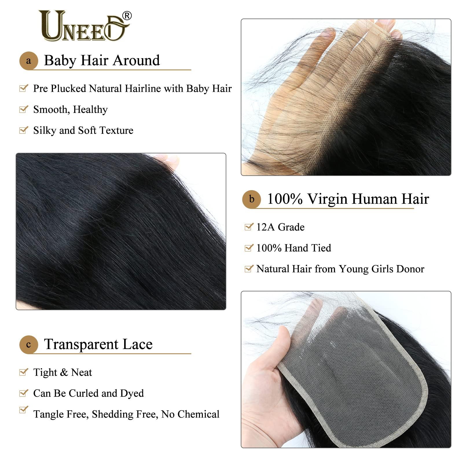 UNEED UNEED 5x5 Closure Straight Closure Invisible Ultra-thin HD Lace Closure Free Part 12A Brazilian Virgin Human Hair Frontal Closure Pre Plucked with Baby Hair Natural Black (12 Inch)