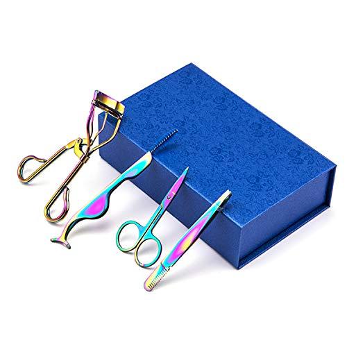 Hawencer Eyelash Curler kit,4 in1Eyelash beauty Set with Eyelash Curle, Eyebrow and Eyelash Extension Tweezers,and Scissors, Eyelash Eyebrow Brush Comb, Silicone Refill Pads and One Box Eyelashes (gold)