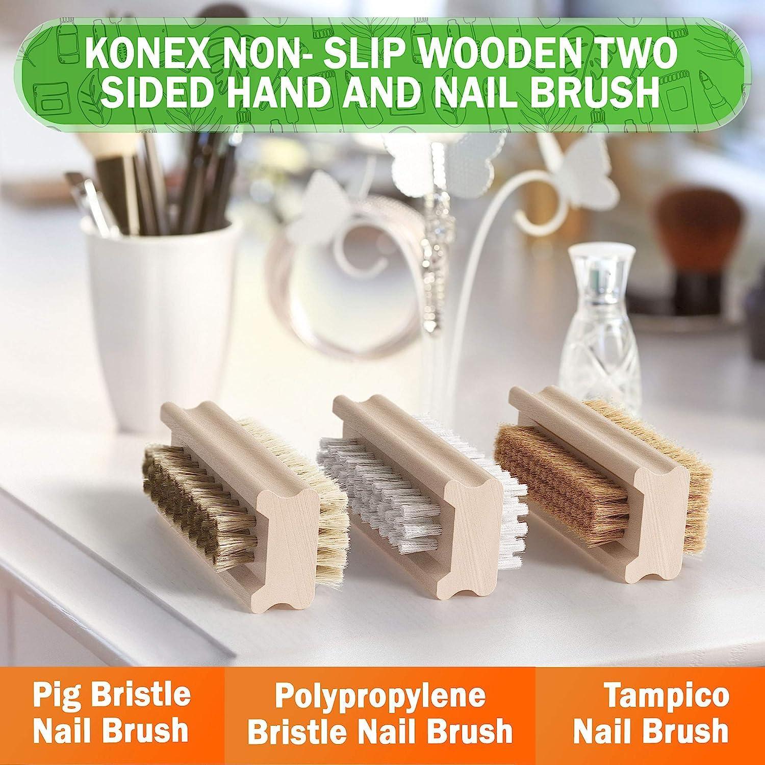 KONEX Konex Non-Slip Wooden Two-sided Hand and Nail Brush - Stiff Bristle Fingernail Brushes for Cleaning Under Nails - Heavy Duty Fingernail Brush for Manicure and Automotive Use - 2 Pack