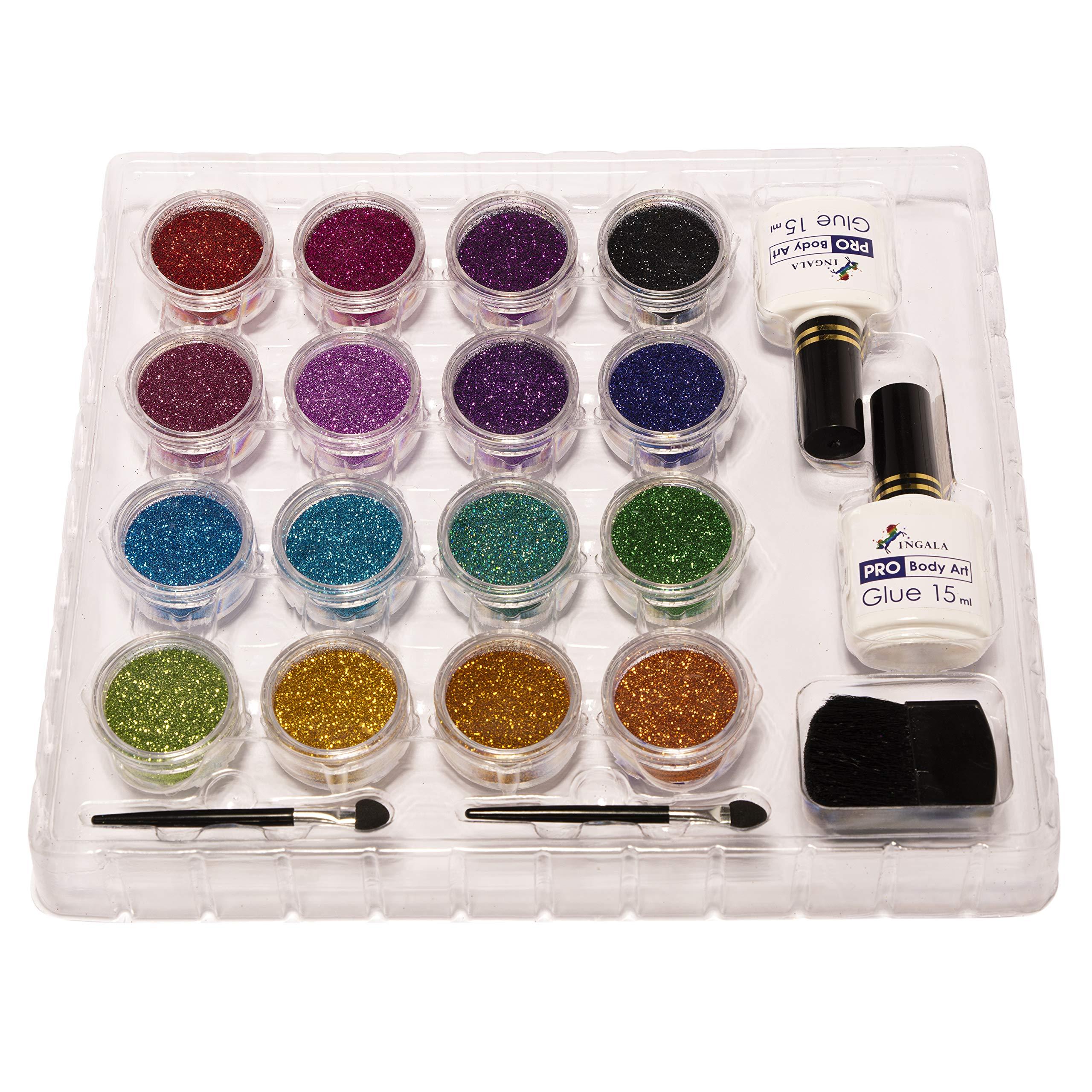 INGALA Premium Glitter Temporary Tattoo Kit for Girls, 74 Stencils, 16 Colors and 2X 0.5 fl.oz Body Glue for Body Glitter Fake Tattoos for Kids Makeup Tattoo Supplies Party Favors Party Supplies for Girls