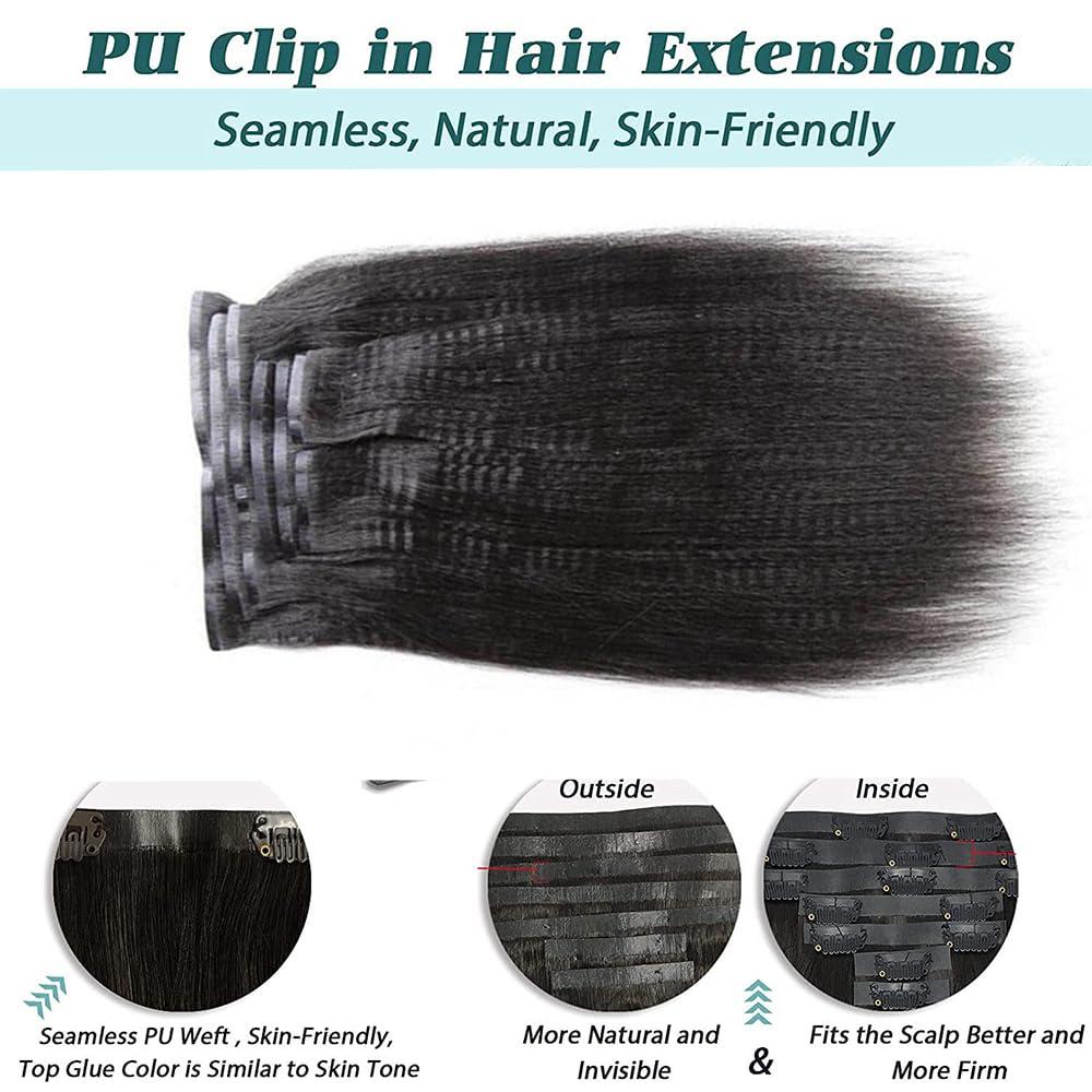 YOUNG BEAUTY Yaki Straight Clip ins Hair Extensions Seamless PU Clip In Human Hair Extensions Invisible PU Skin Weft Virgin Hair Natural Color 14inch 120g 7pcs/Set