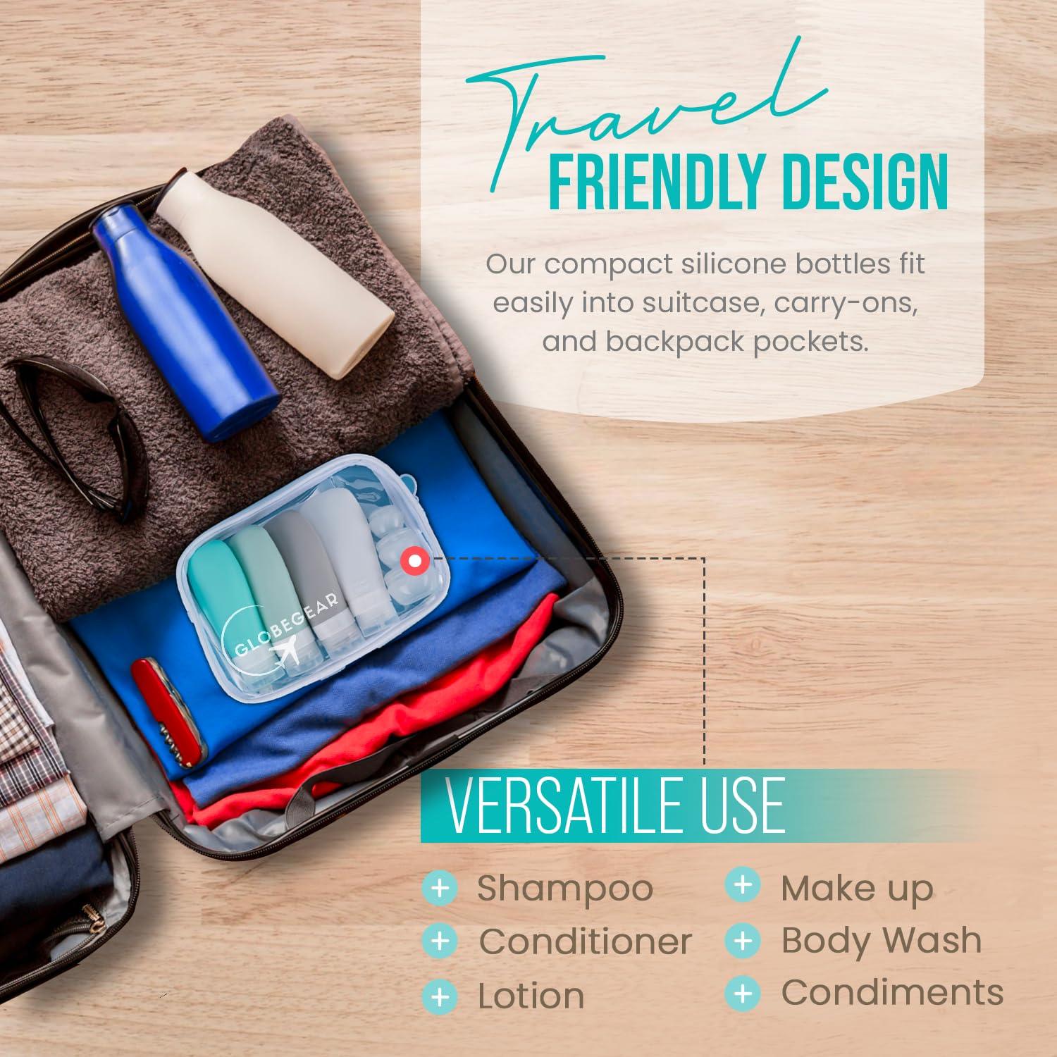GLOBEGEAR GLOBEGEAR TSA Approved Silicone Travel Bottles Leak Proof & Travel Size Containers for Toiletries Travel Kit with TSA Liquids Travel Bag (model GG3)