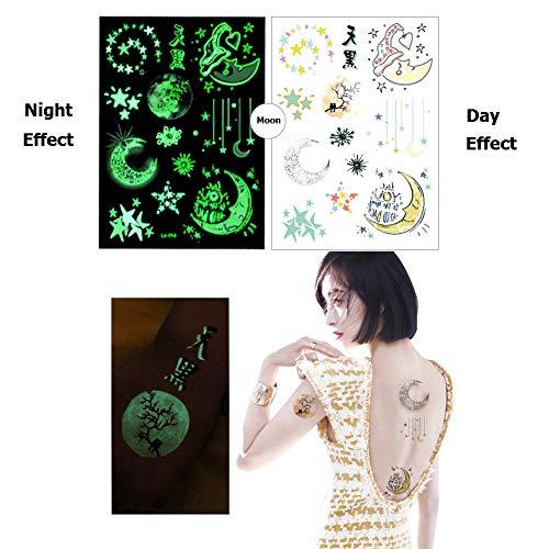 Fanoshon Fanoshon Glow in the Dark Butterfly Moon Star Temporary Tattoo for Teens Girls Women, 5 Sheets Fake Large Luminous Body Stickers for Face Arm Back Chest Leg Shoulder Waterproof, Birthday Party Favors