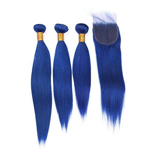 Generic Silky Straight Blue Color Human Hair Weaves With Lace Closure With Baby Hair Unprocessed Free Middle Closure Pieces With Blue 3Bundles Extensions (14 16 18+12 inch closure)