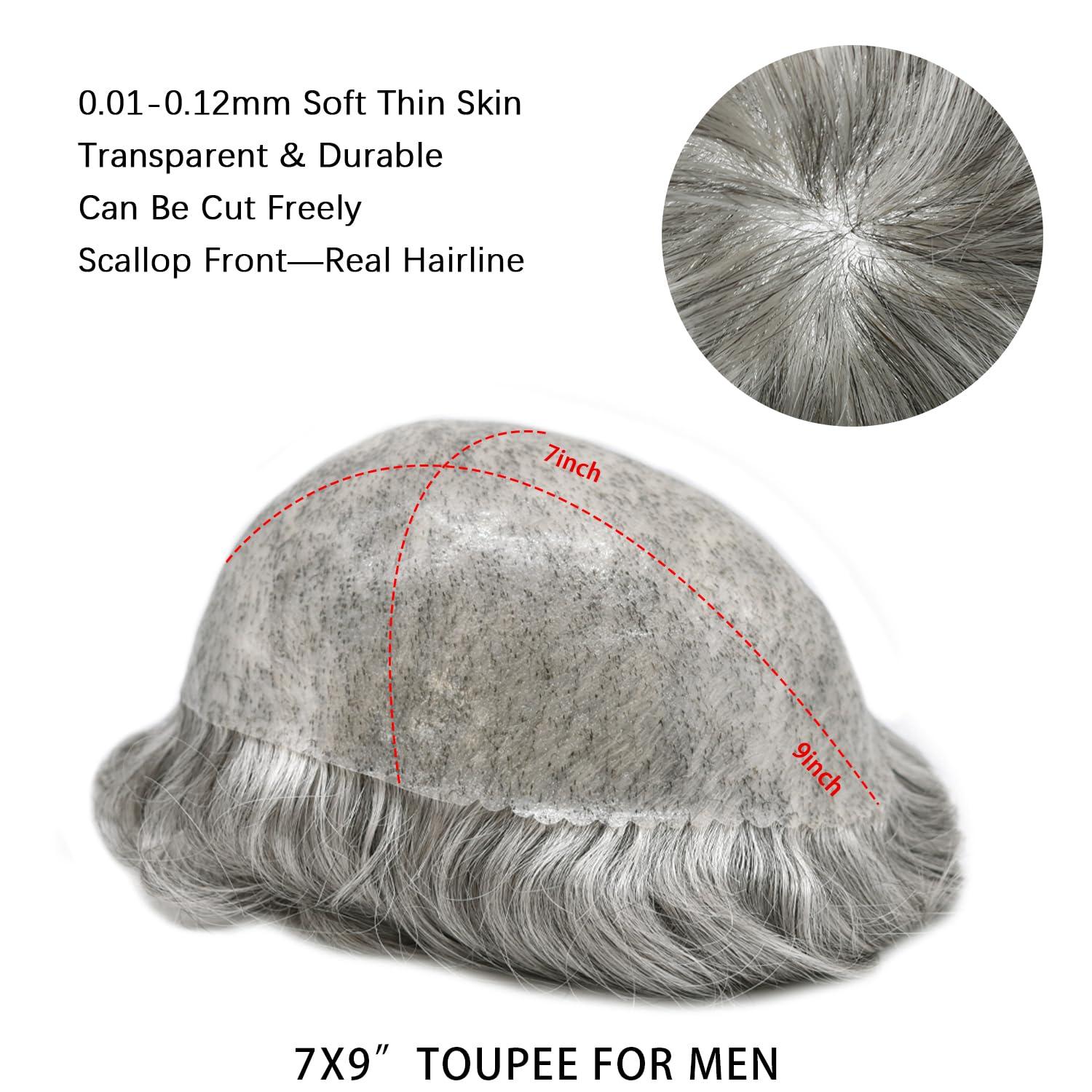 Hair Wonders Toupee for Men Men\'s Toupee Human Hair Replacement System Full Poly Thin Skin Mens Hairpieces Injected PU Mens Toupee Human Hair System Protesis Capilar6x8-120% density#1B90#1B Off Black+90% Grey